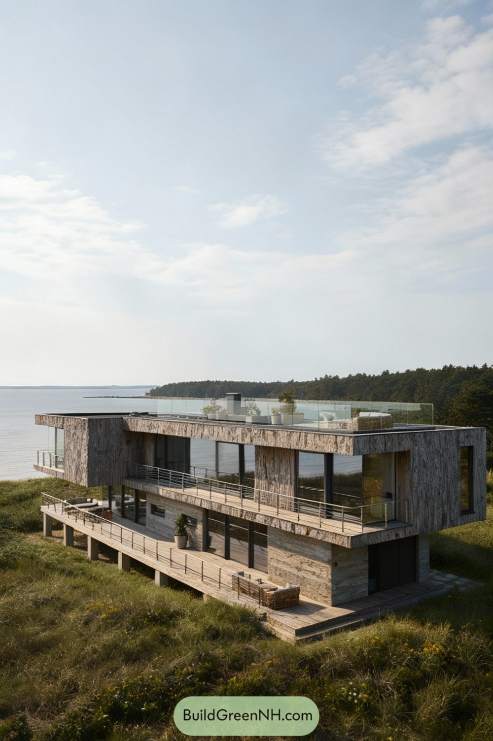 Modern coastal house with layered terraces overlooking water