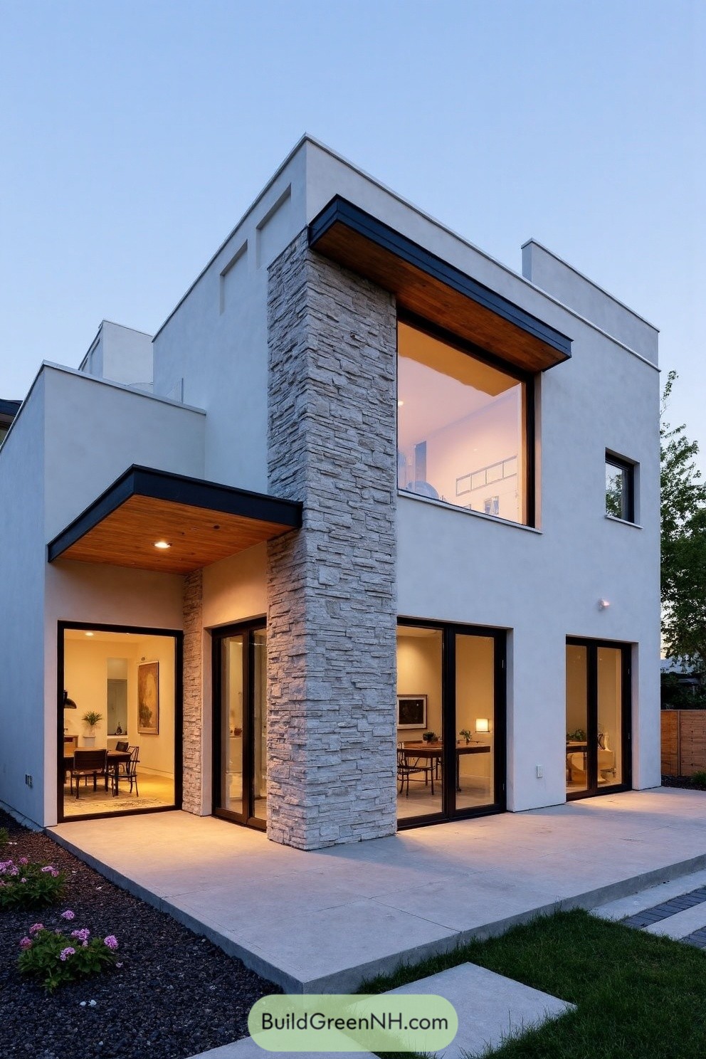 Modern stucco home with stacked-stone chimney, deep eaves, and broad glass openings at dusk