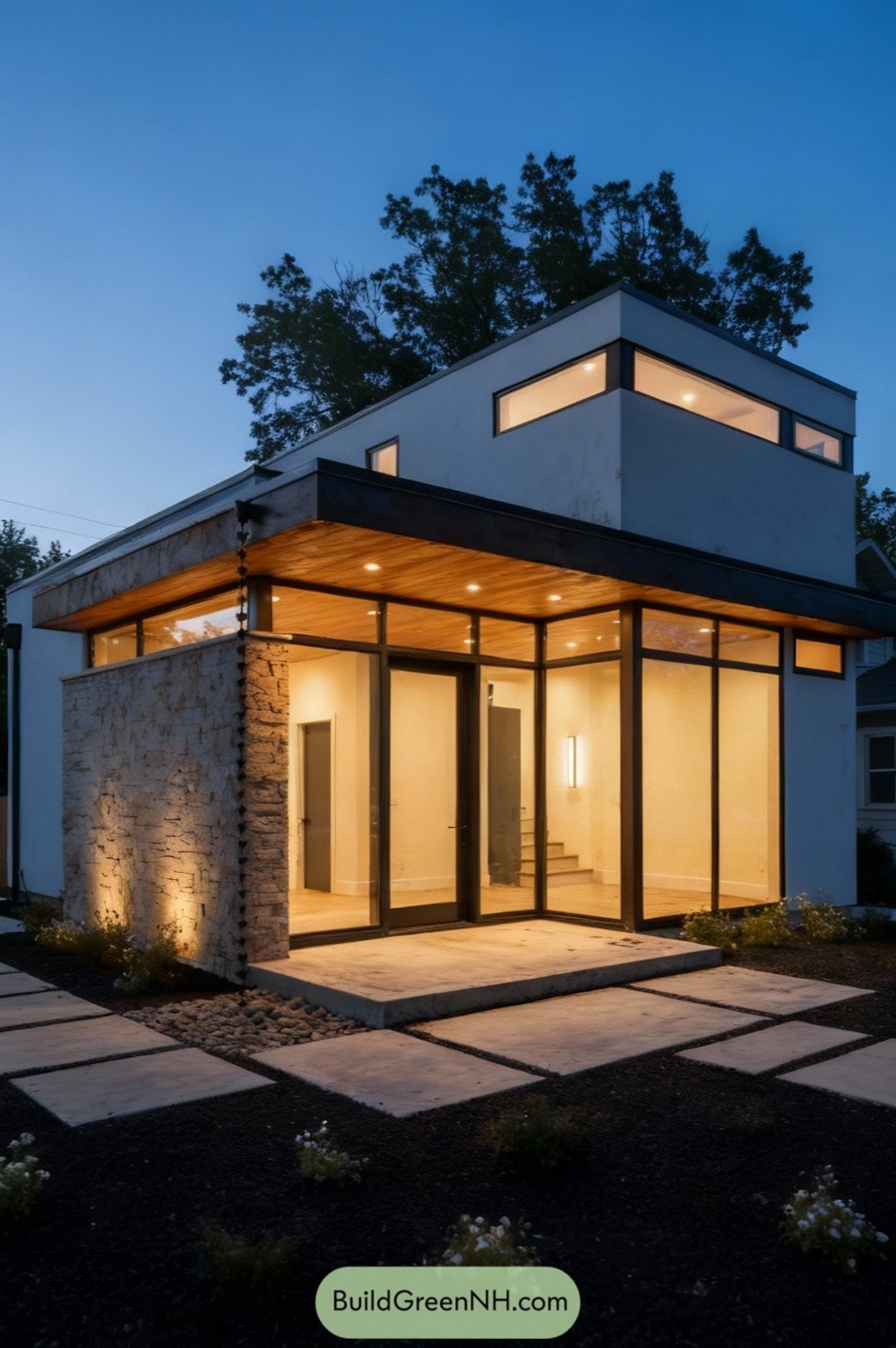 Modern cube house with glassy corner entry and warm wood soffit at dusk