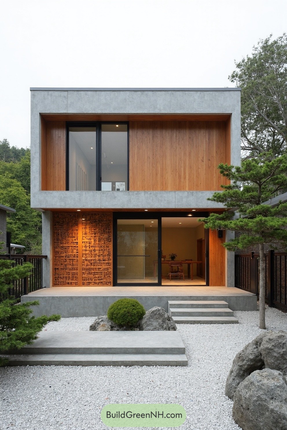 Two-story modern home with concrete frame and recessed cedar panels, sliding glass doors, and a minimalist gravel garden with boulders