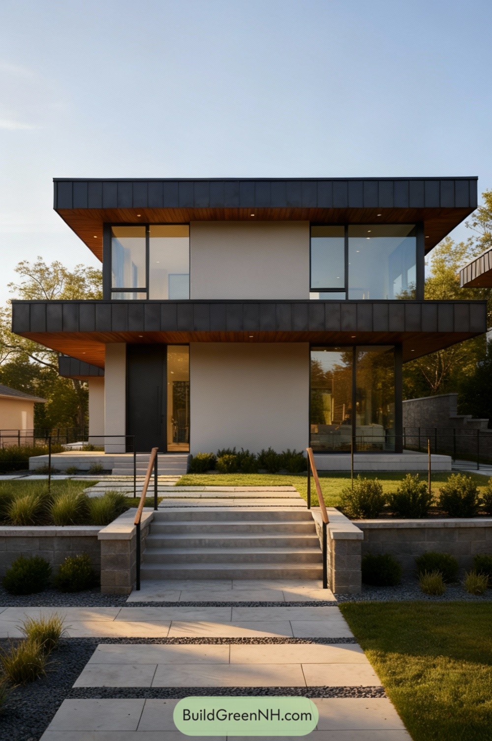 Two-story flat-roof home with glass and dark metal trim