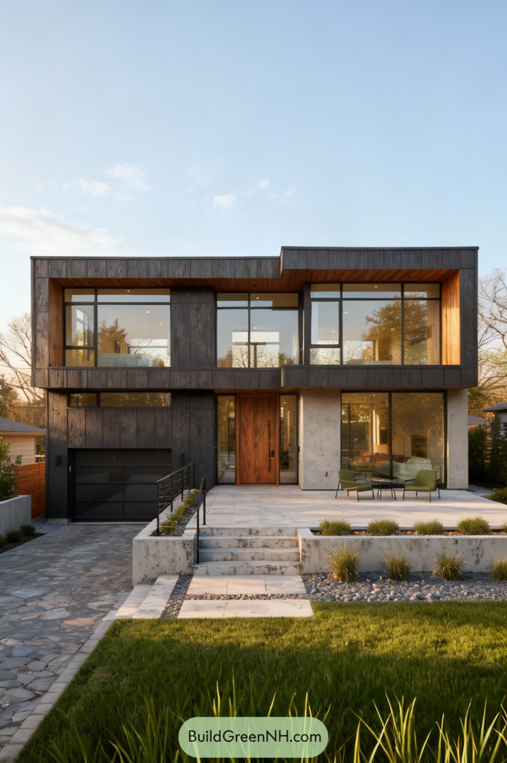 Two-story flat-roof house with dark cladding, large glass panes, and a wood-accented entry