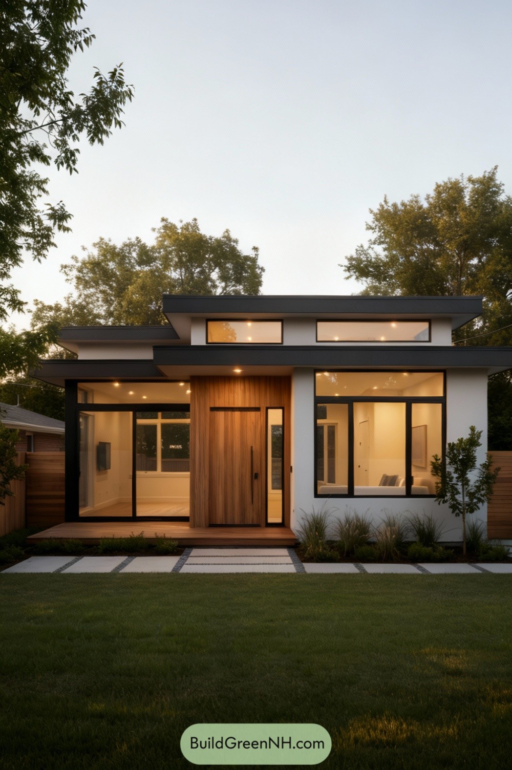 Single-story modern home with cedar entry, clerestory windows, and broad overhangs at dusk