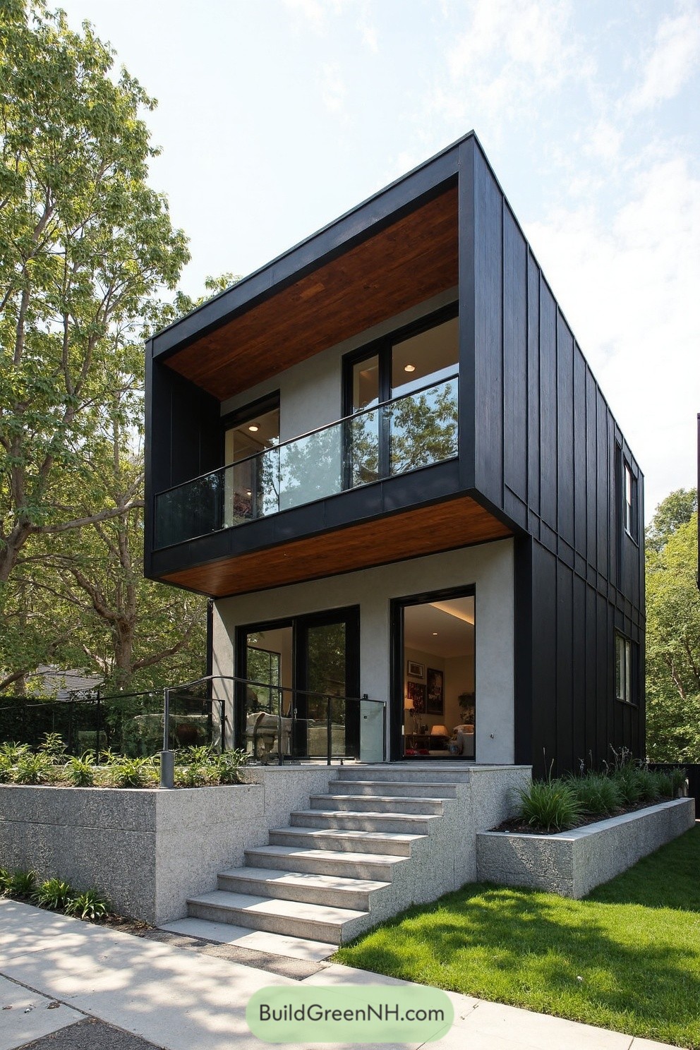 Two-story modern home with dark cladding, cantilevered balcony, and glass railings