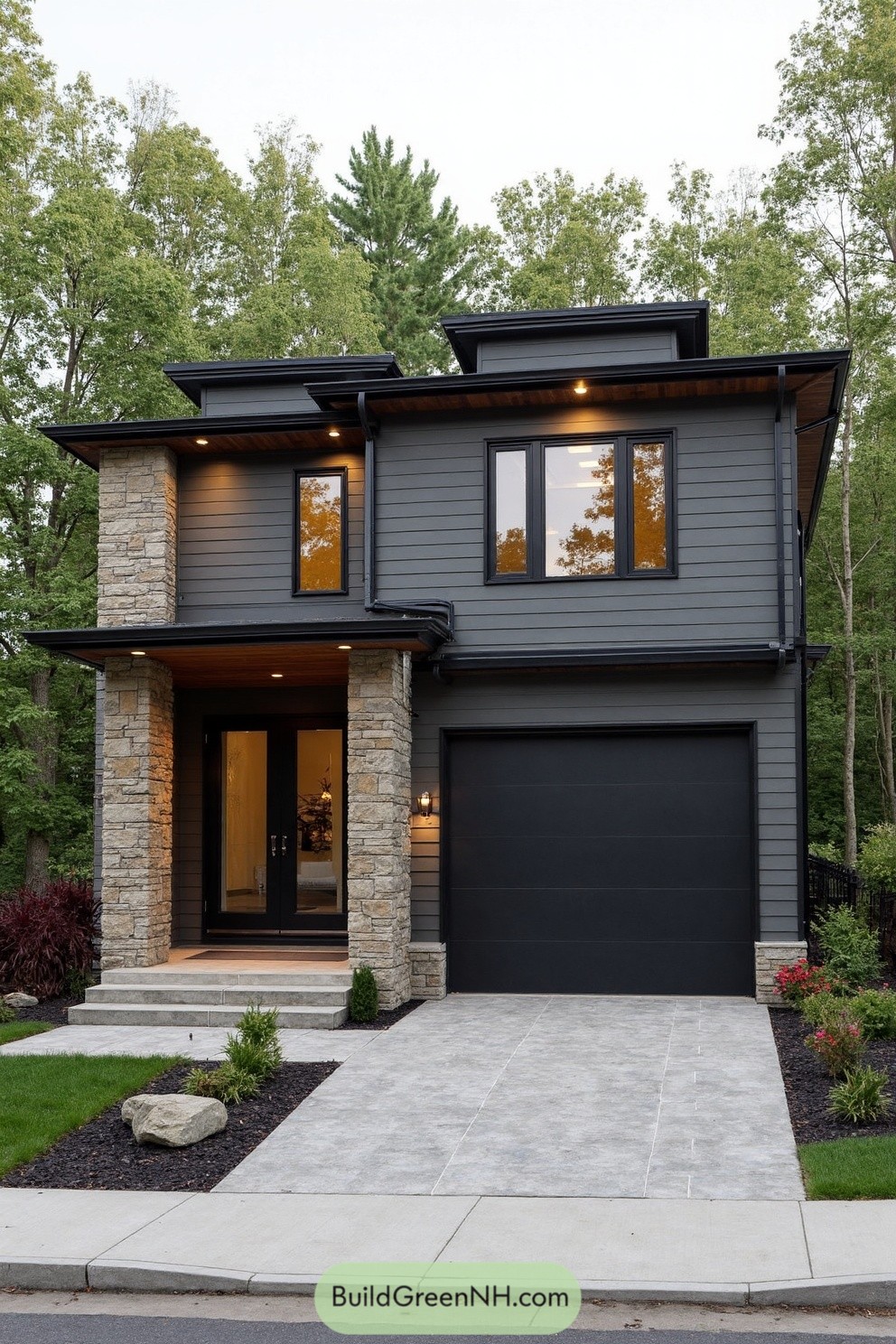 Two-story modern home with dark gray siding, stone columns, and black-framed windows