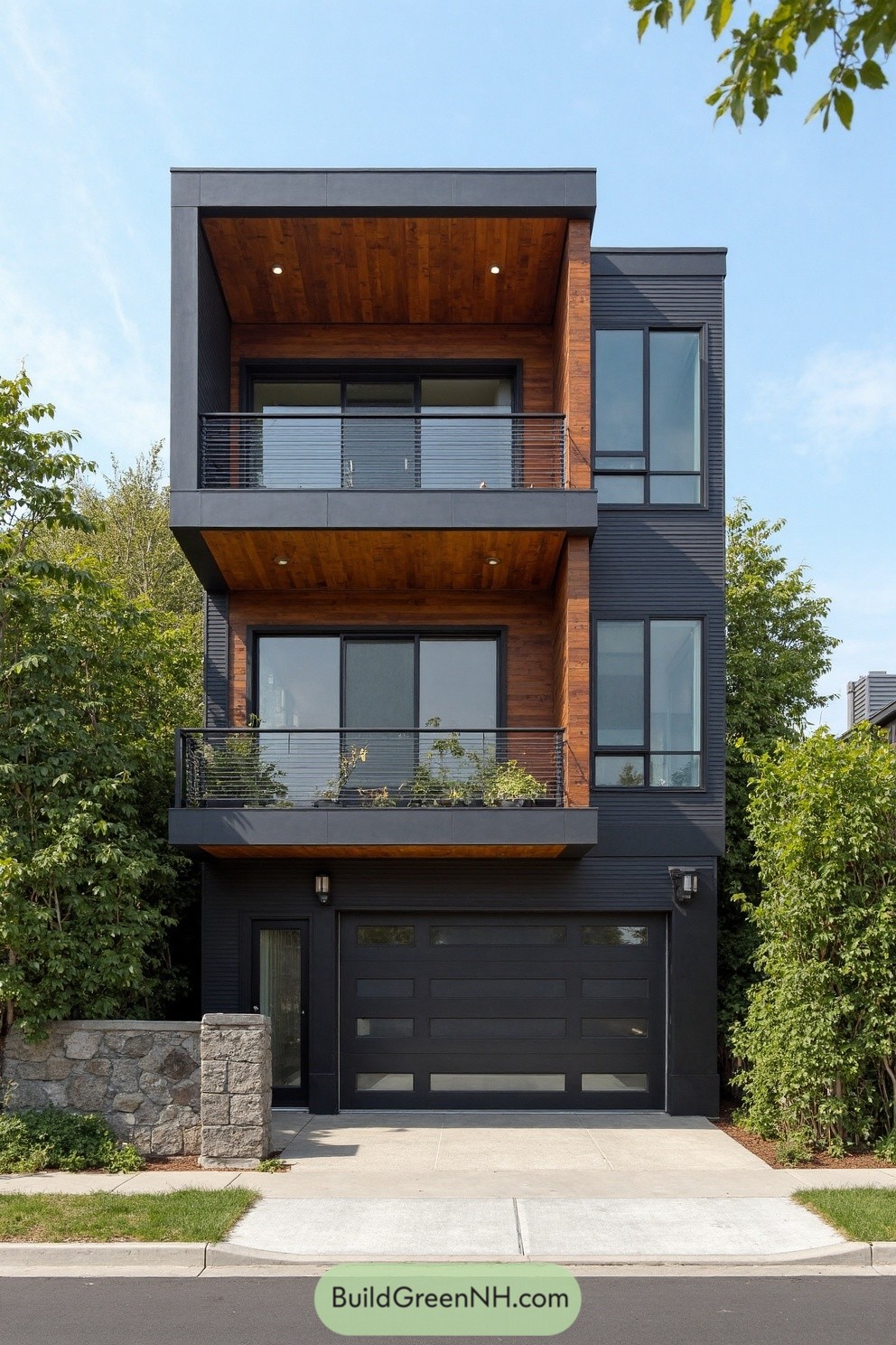 Three-story modern house with black facade, cedar-lined balconies, and glass railings