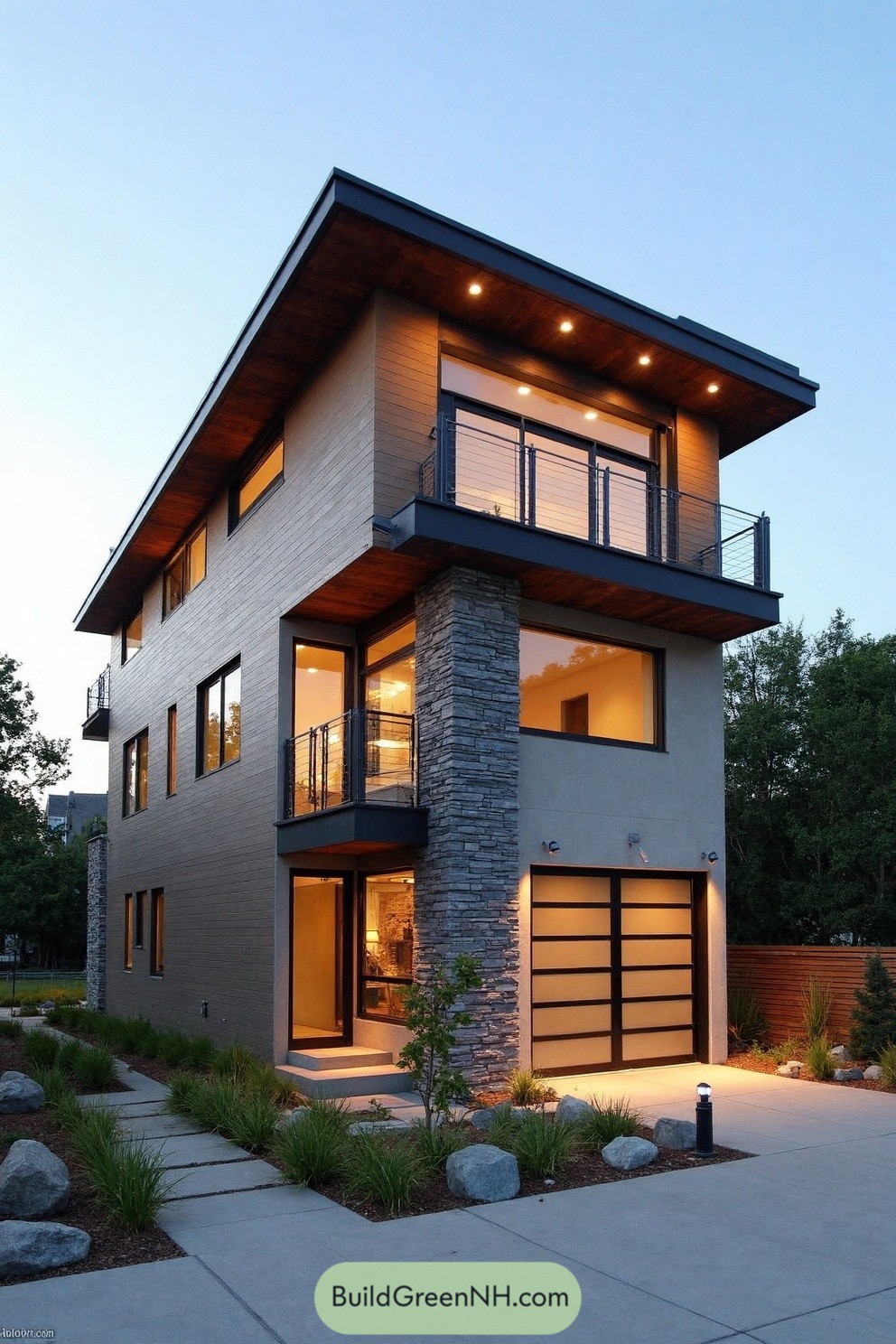 Three-story modern home with deep roof overhang, stone column, and glass balcony glowing at dusk