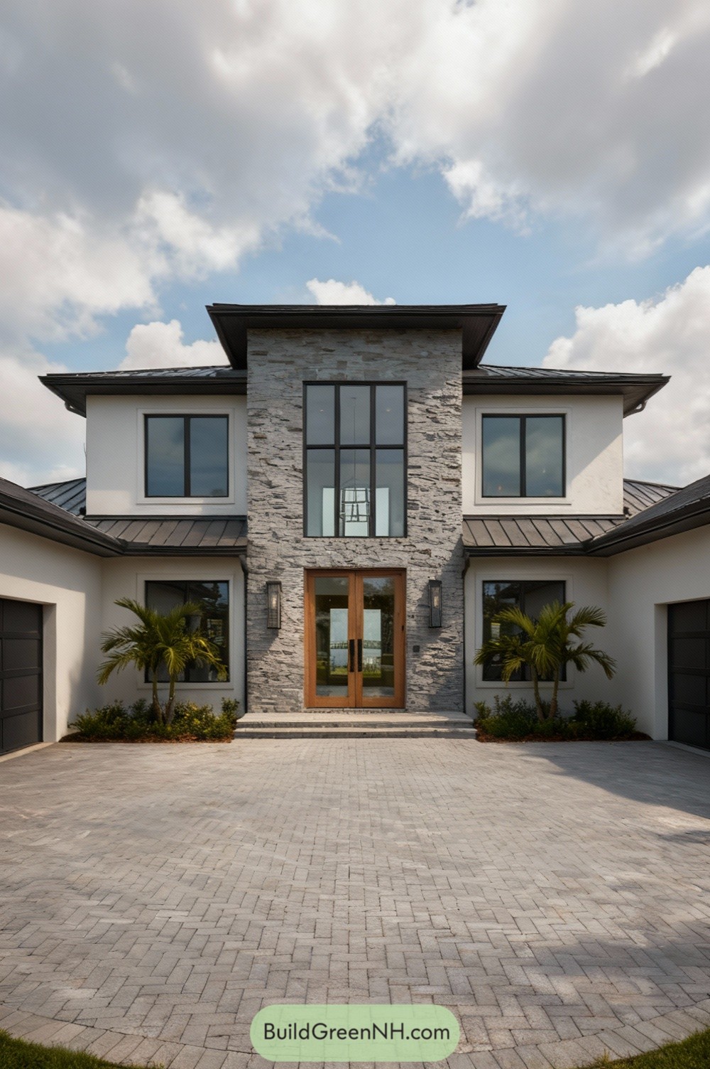 Modern two-story home with central stone tower, tall glass, and wood double doors