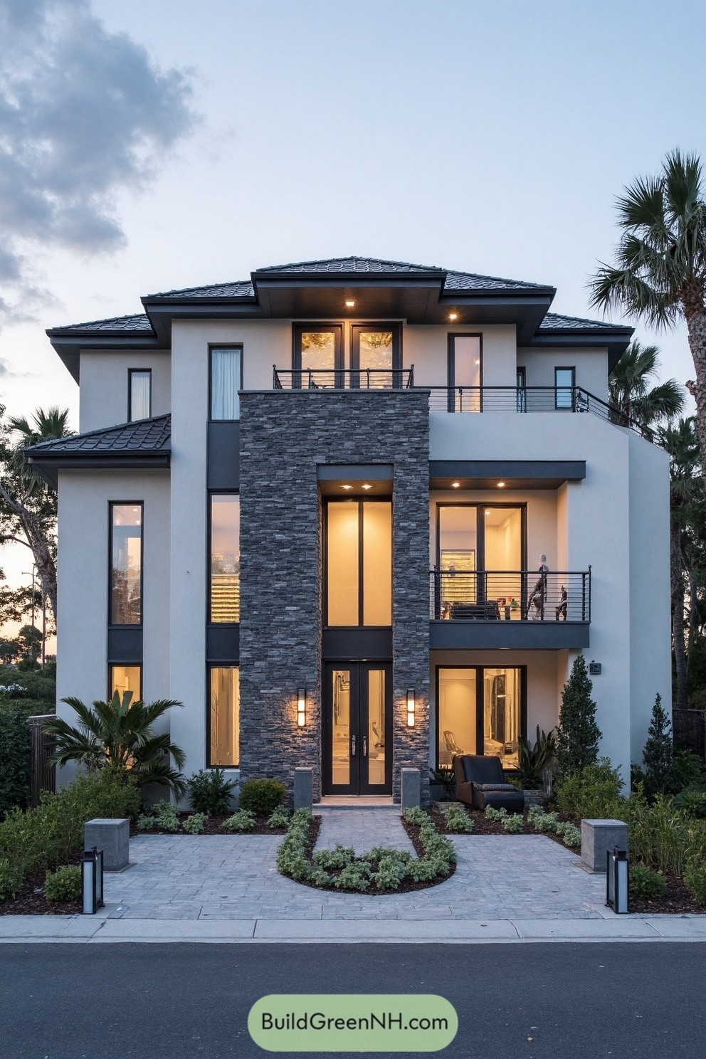 Three-story modern home with stone core, glass balconies, and soft-lit facade