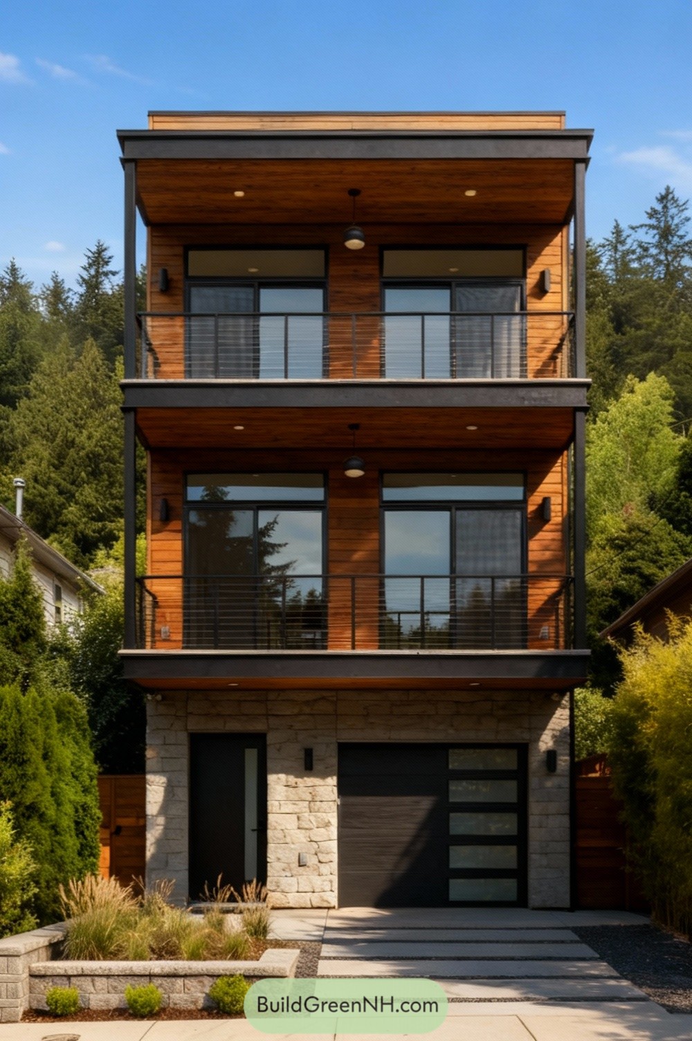 Three-story modern home with wood cladding and balconies