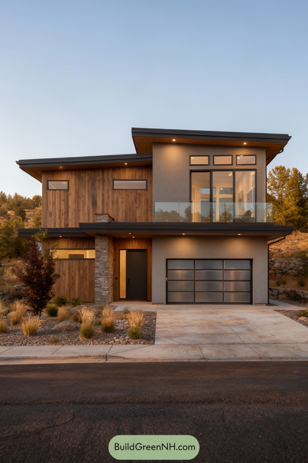 Two-story modern home with sloped roofs, cedar siding, glass balcony, and frosted garage door at sunset