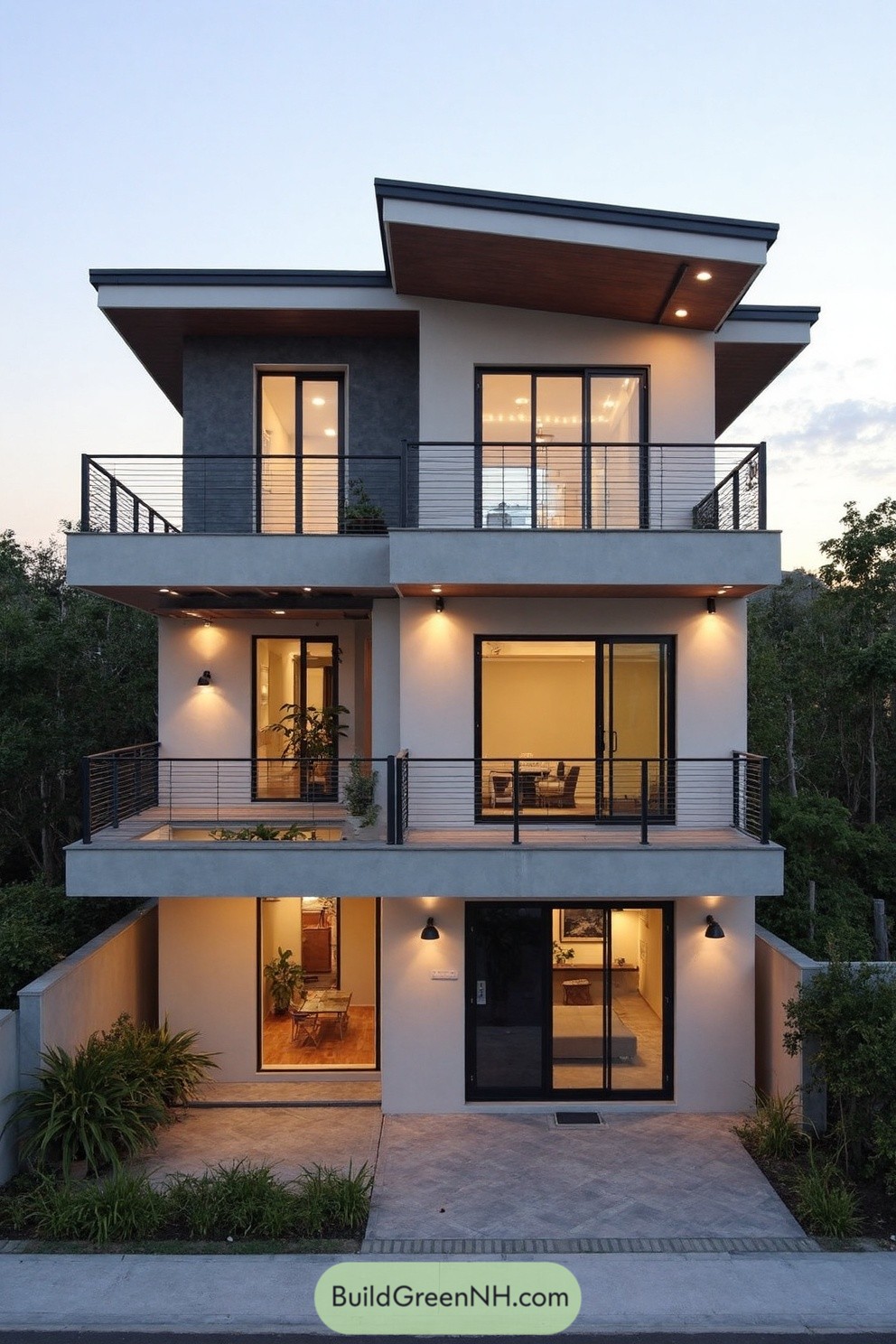 Three-Story Modern Home With Tiered Balconies At Dusk