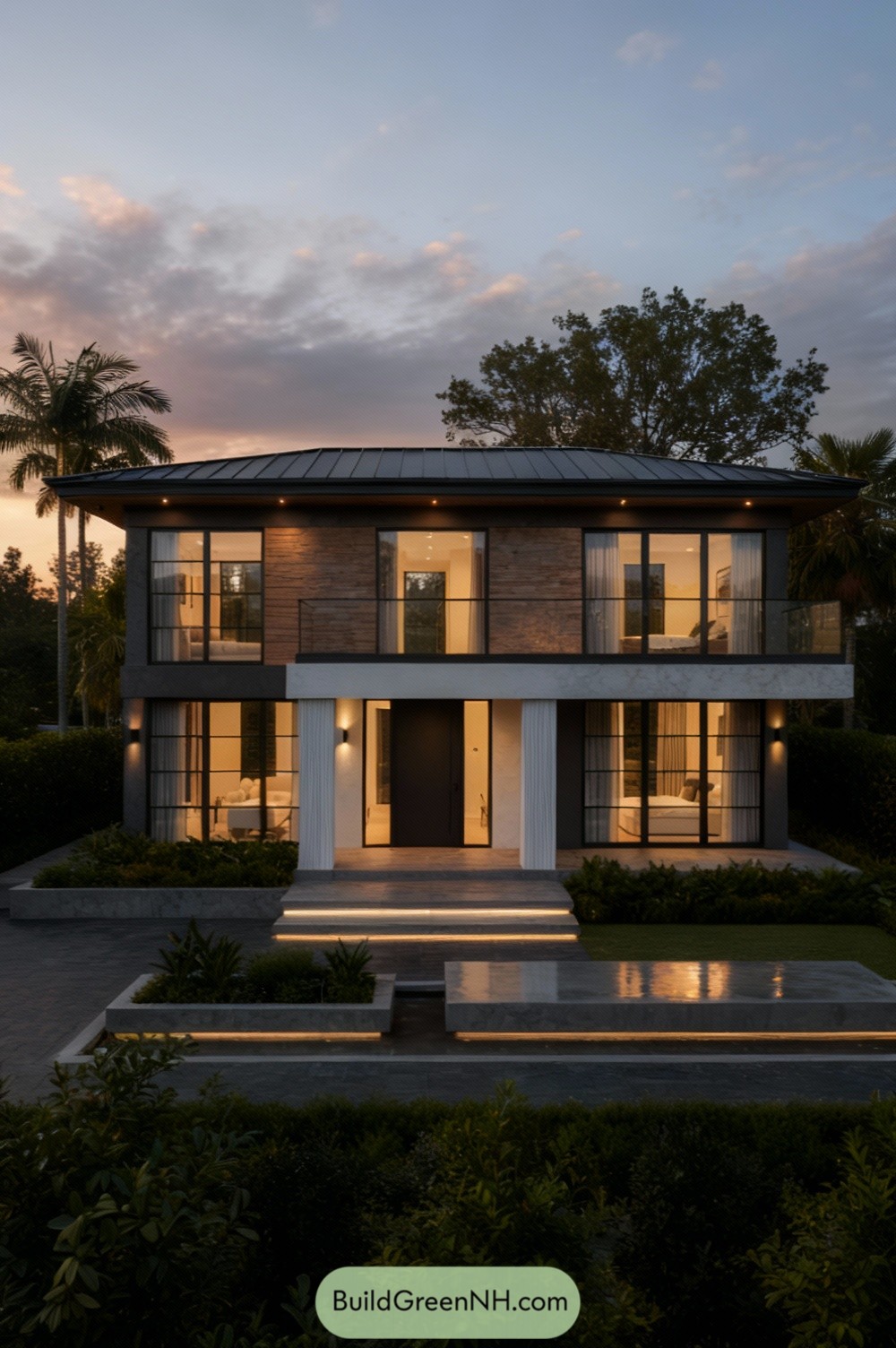 Two-story modern home with warm lighting, metal roof, and tall glass openings at dusk