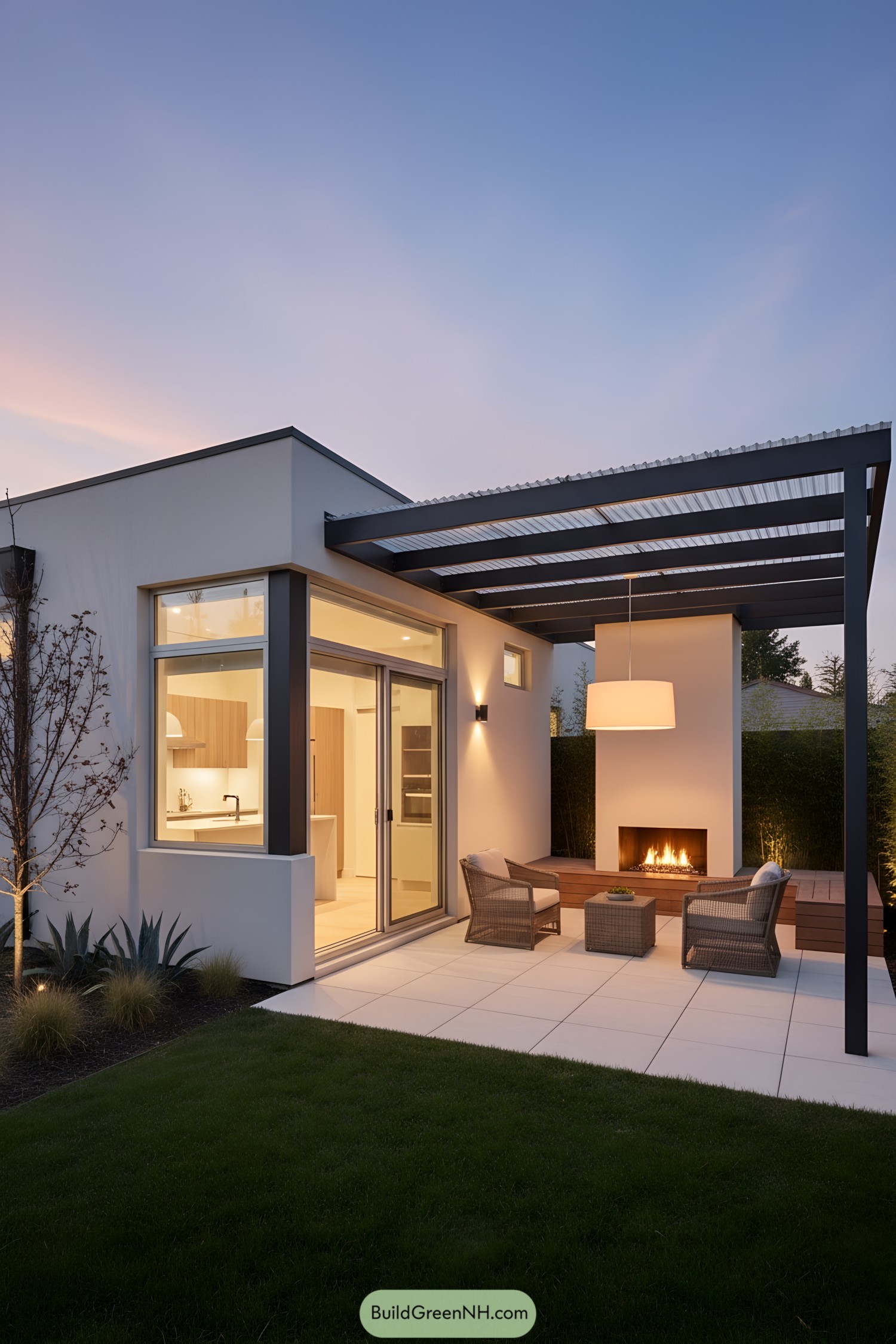 Modern patio with glass pergola and fireplace