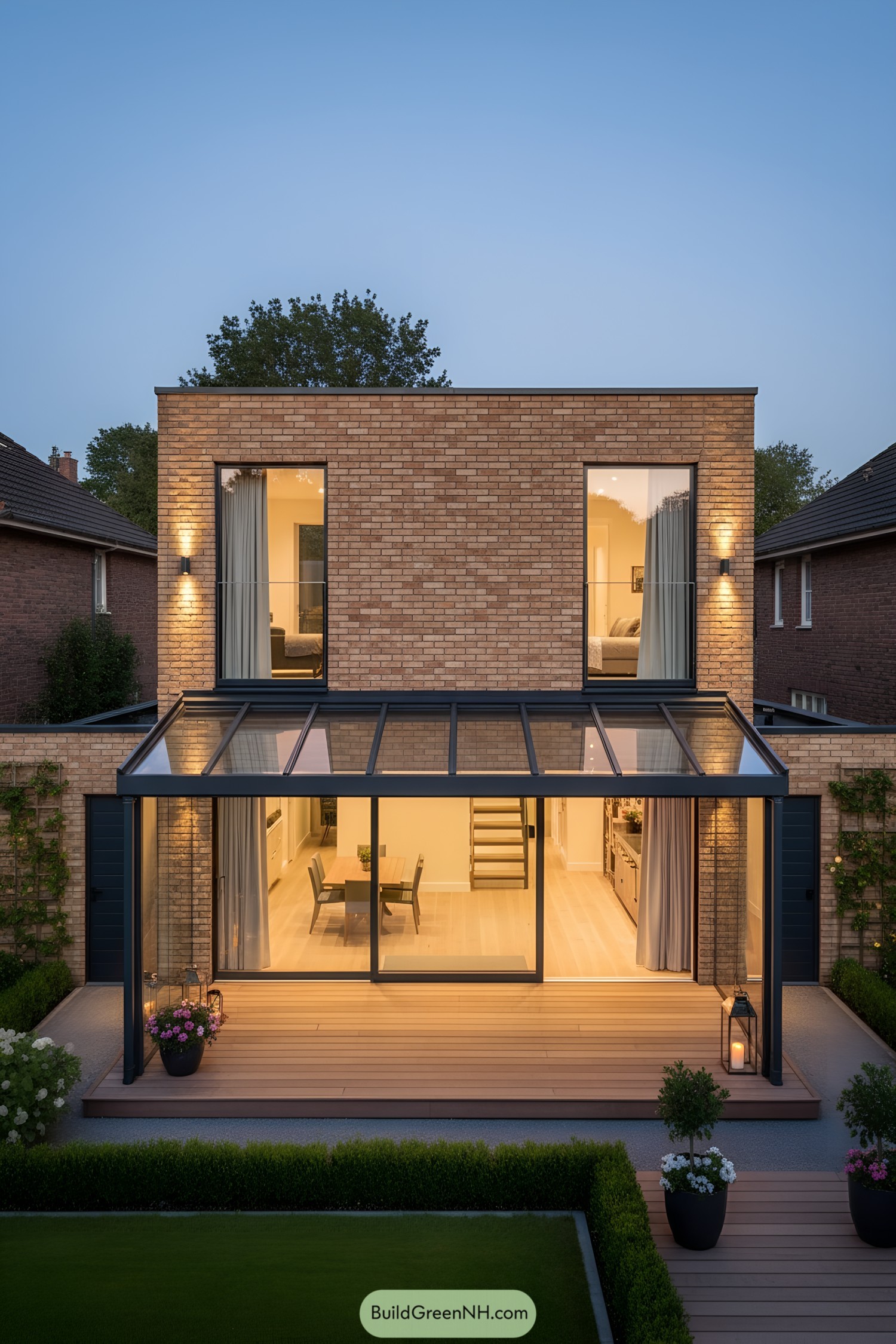 Modern brick house with glass pergola over deck and sliding doors glowing at dusk