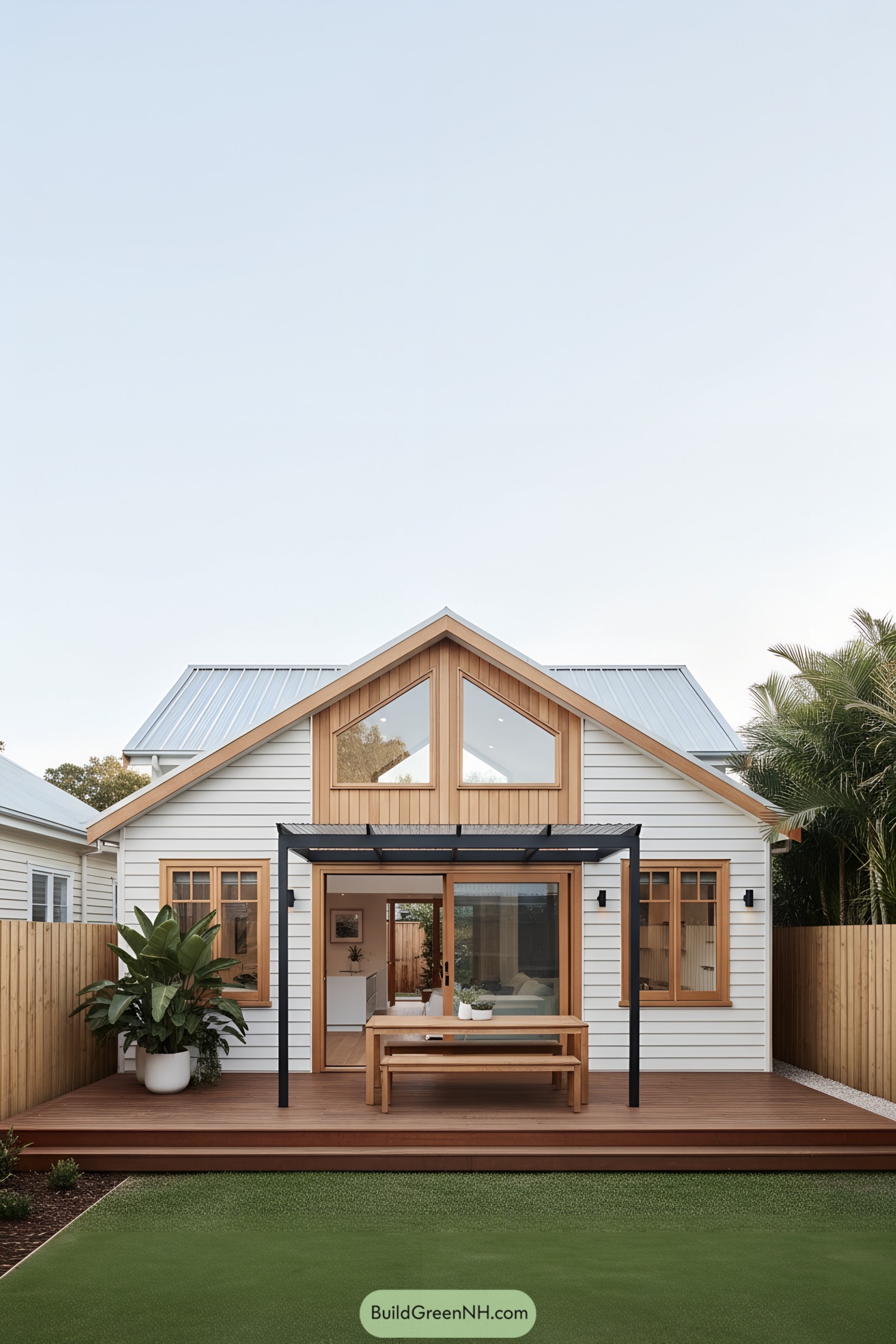 Small modern house with glass pergola over a wooden deck