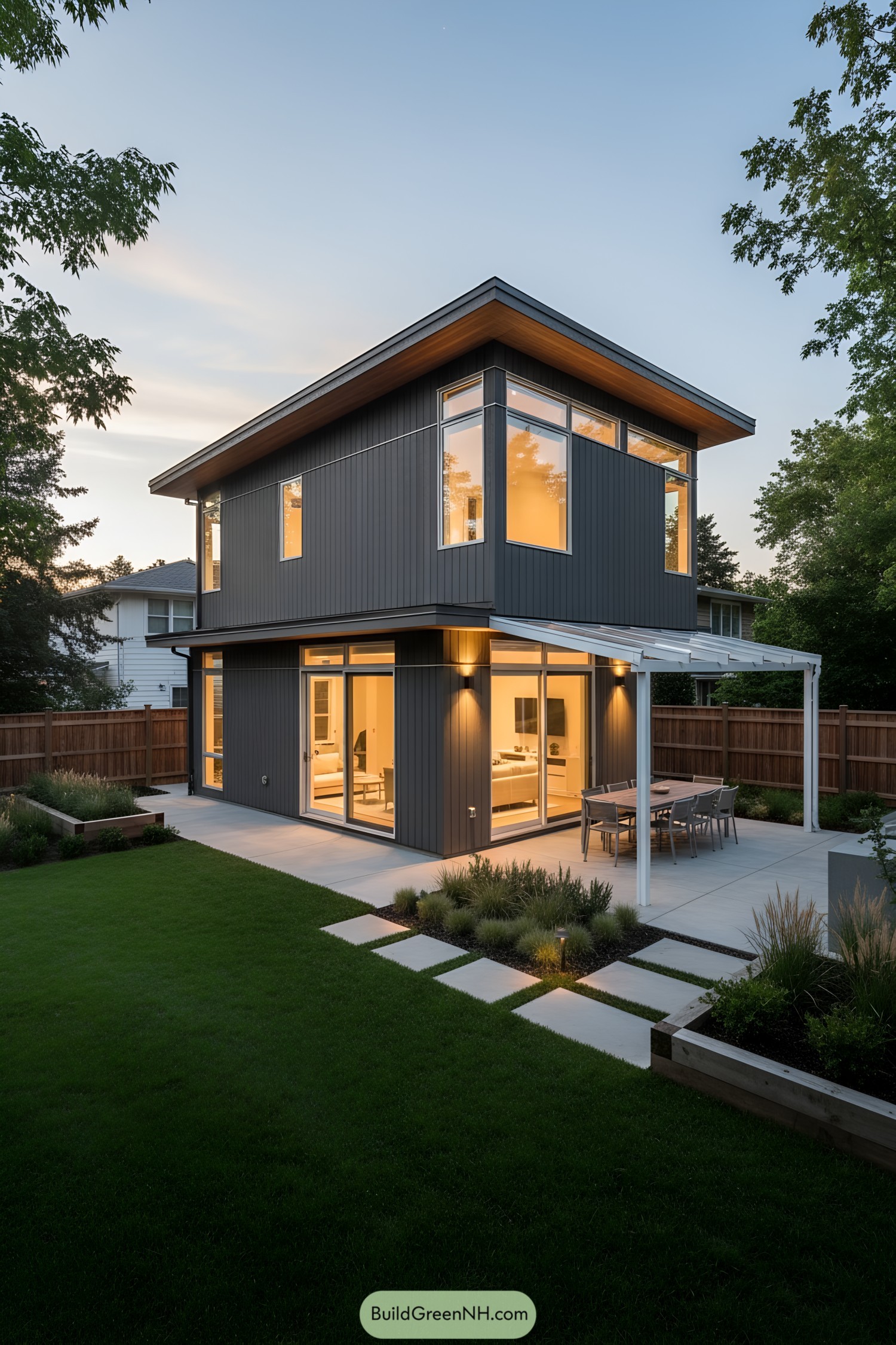 Two-story modern home with glass pergola patio