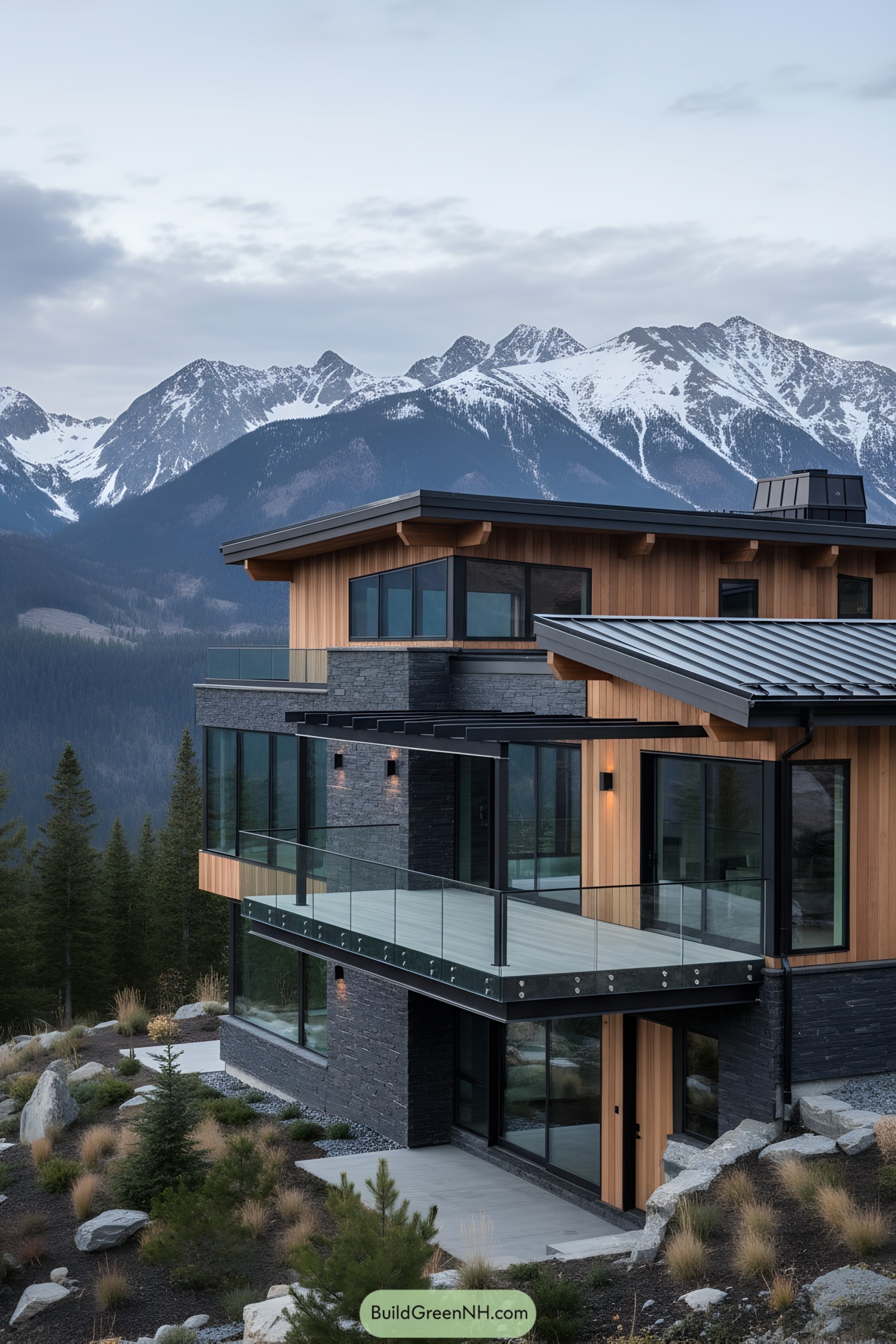 Modern mountain house with glass pergola and wraparound balcony