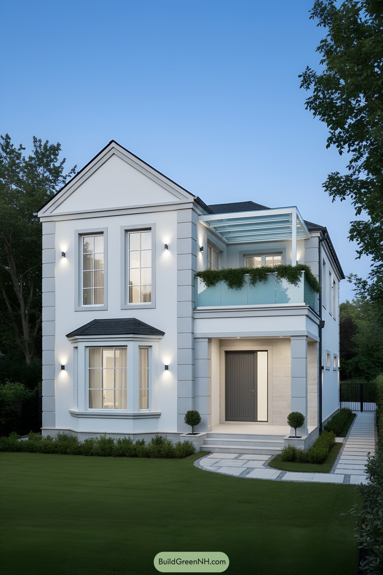 Two-story white house with glass pergola and frosted balcony railing