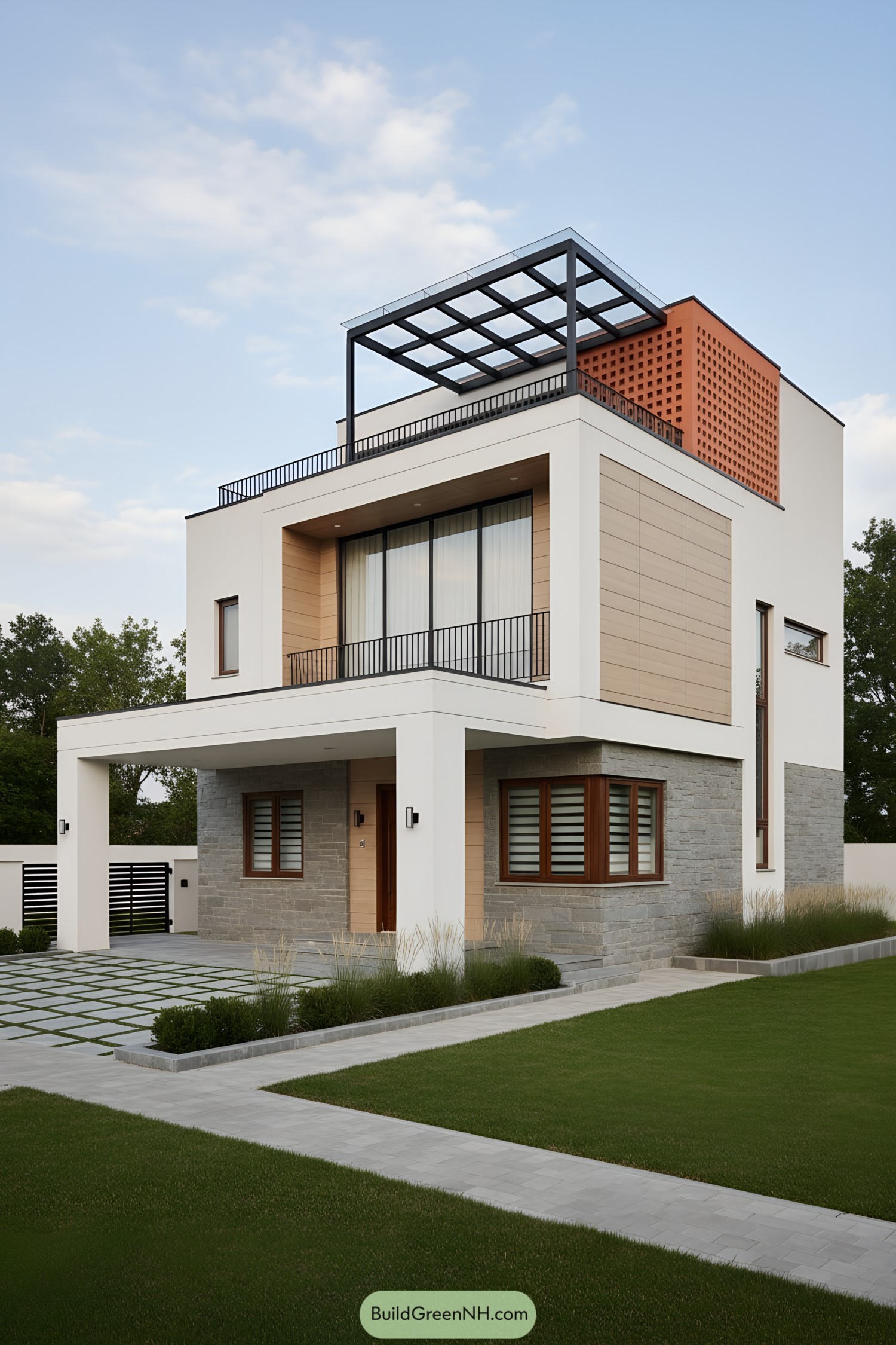 Modern cubic home with rooftop glass pergola and terracotta screen