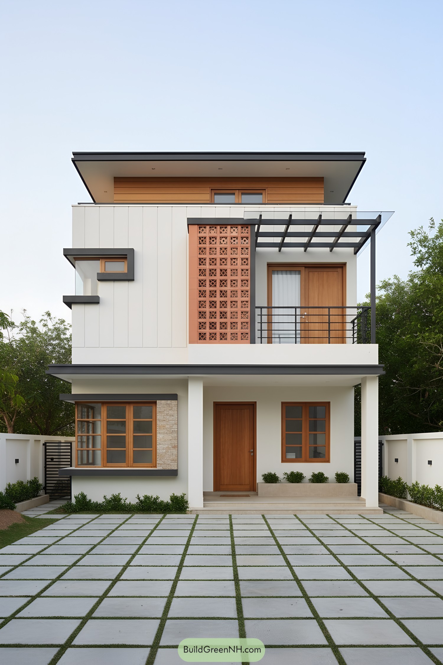 Modern house facade with glass pergola over balcony and terracotta screen accent