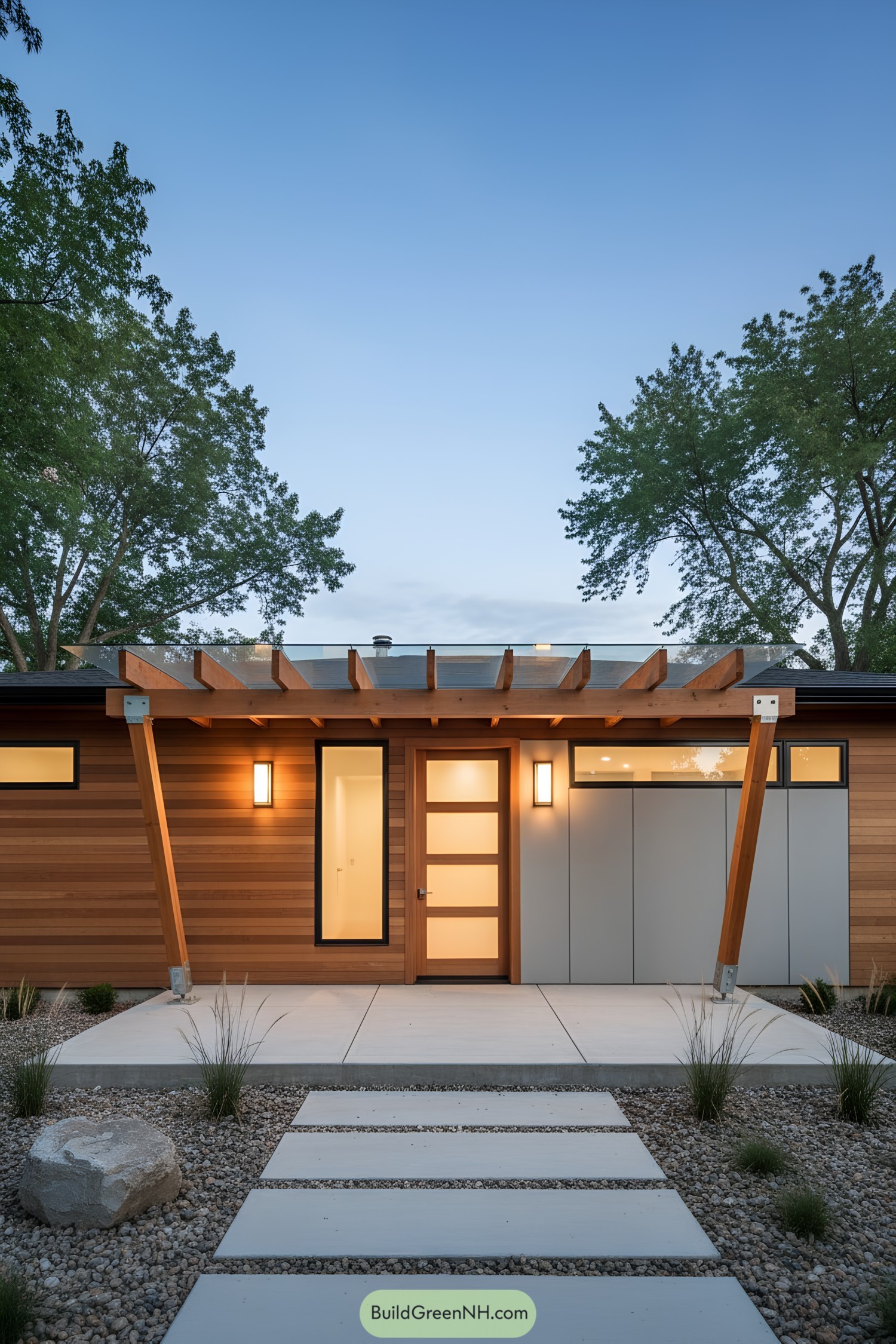 Modern entry with wood pergola and glass roof