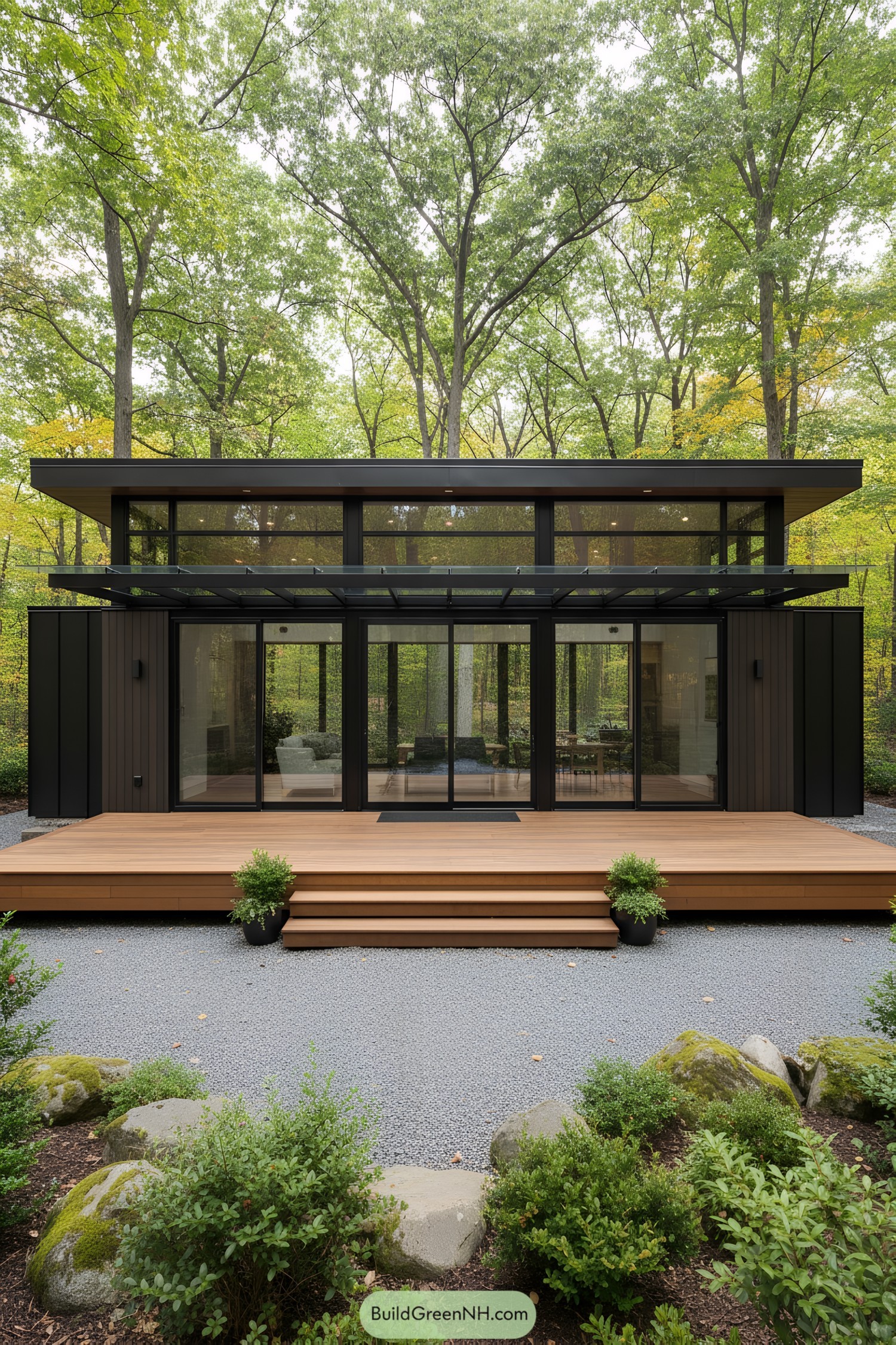 Modern house with glass pergola over deck in forest setting