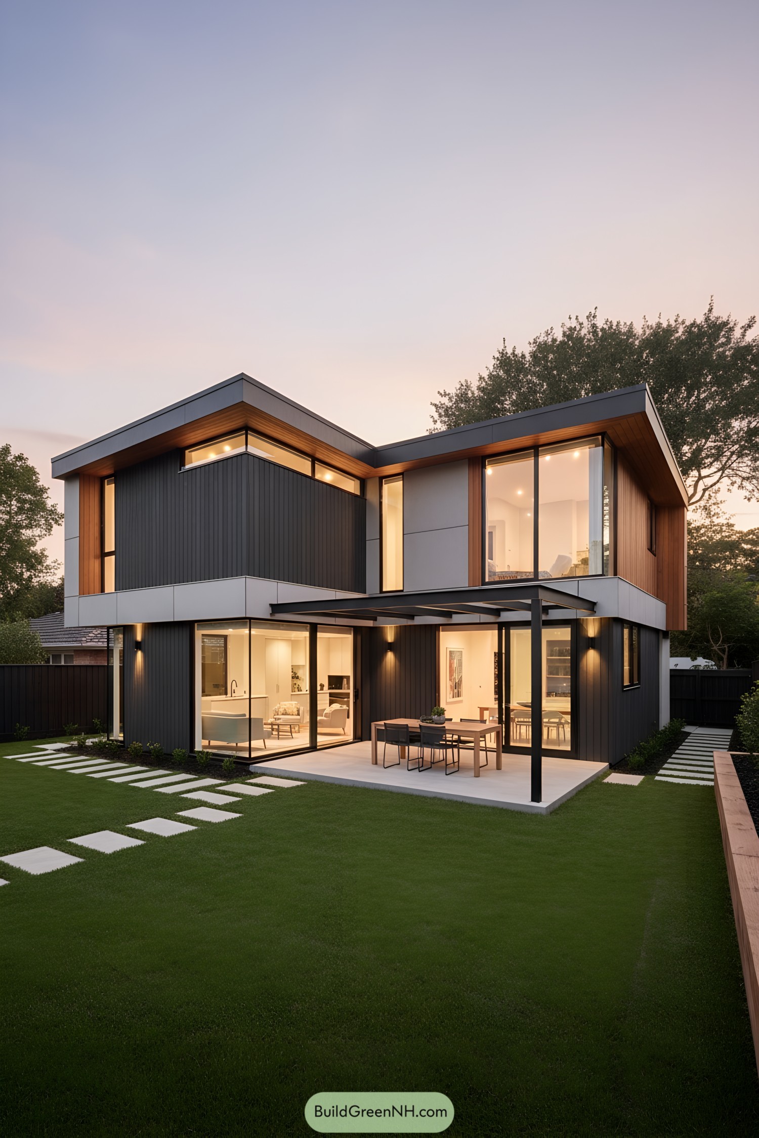 Modern two-story home with glass pergola