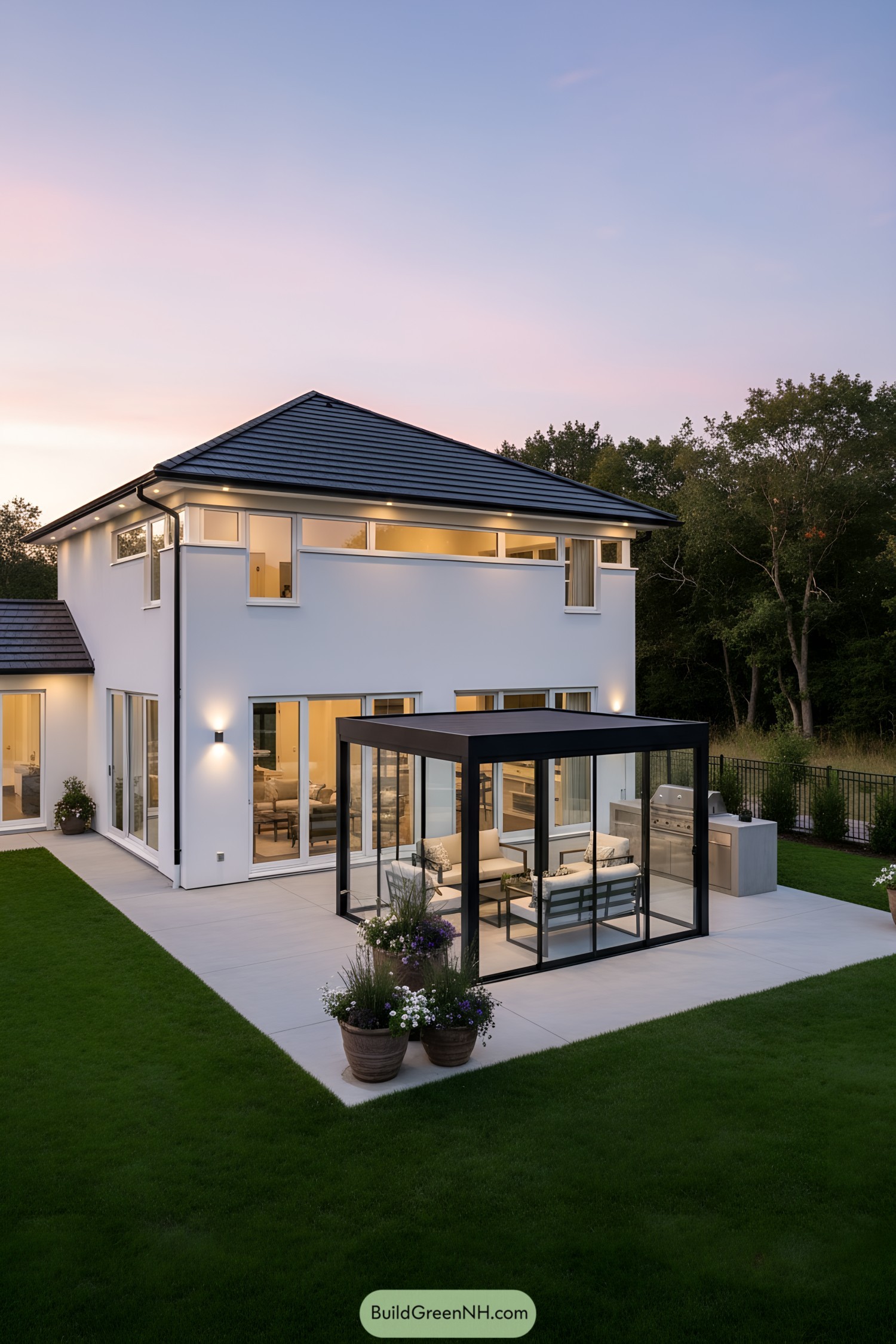 Modern patio lounge within black-framed glass pergola beside outdoor grill