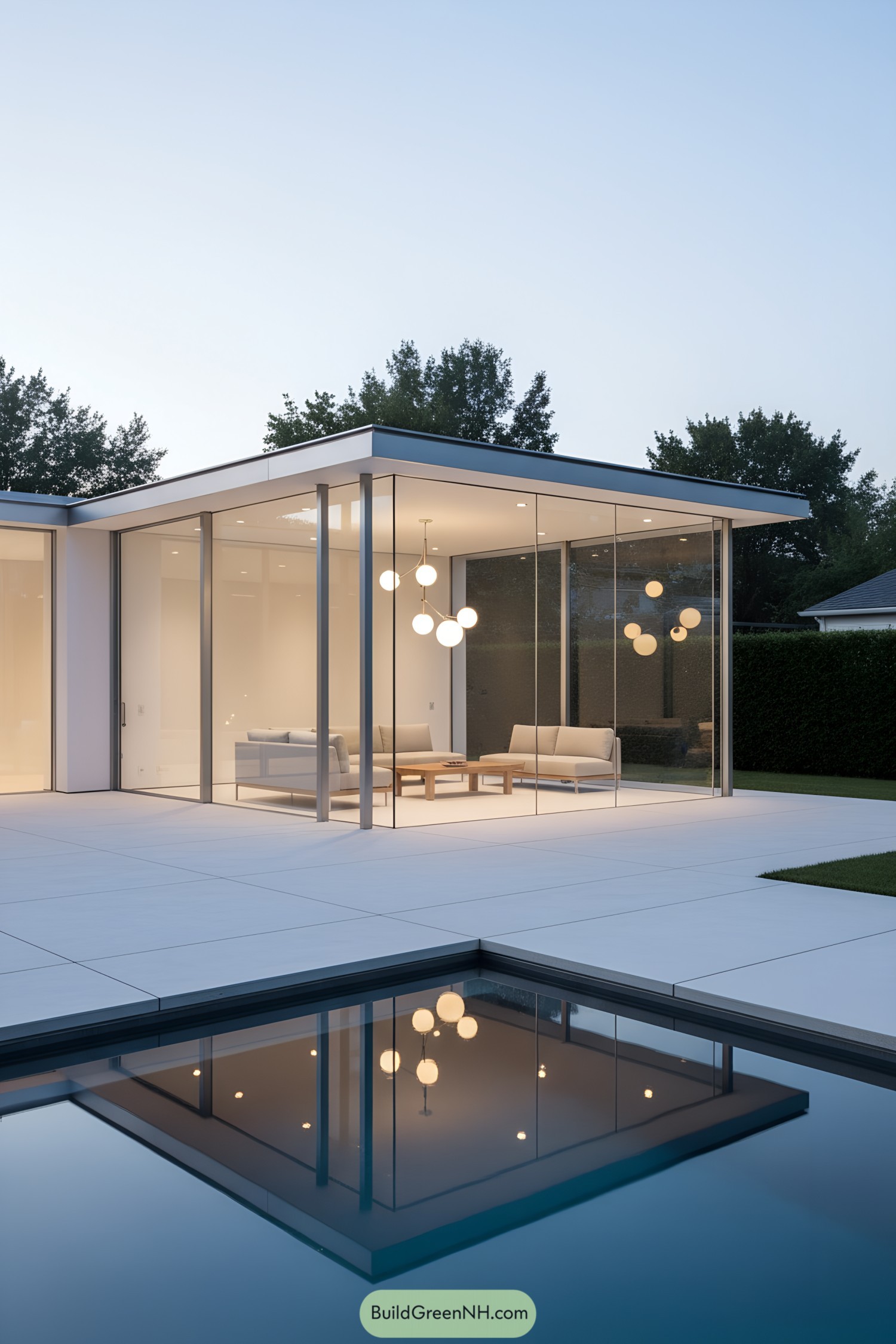 Modern lounge by pool under glass pergola