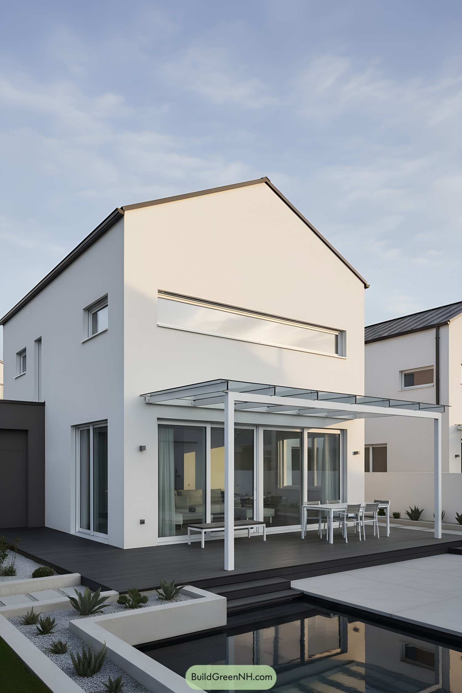 Modern patio with glass pergola and poolside deck