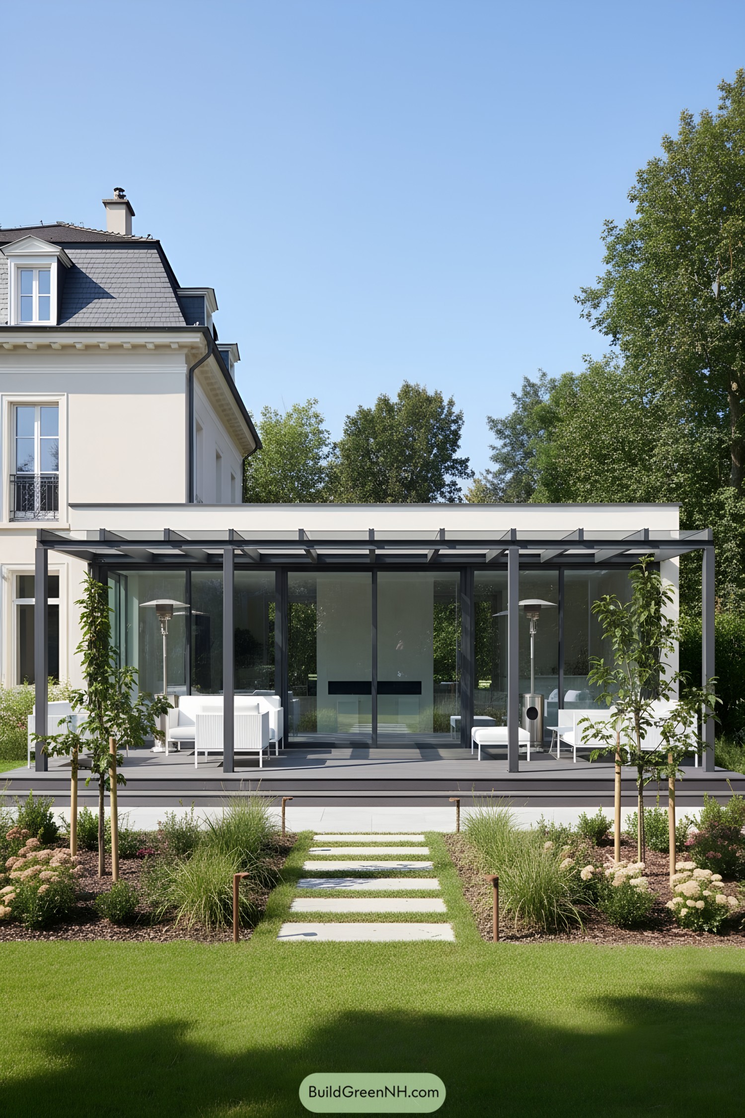 Modern glass pergola lounge on garden terrace