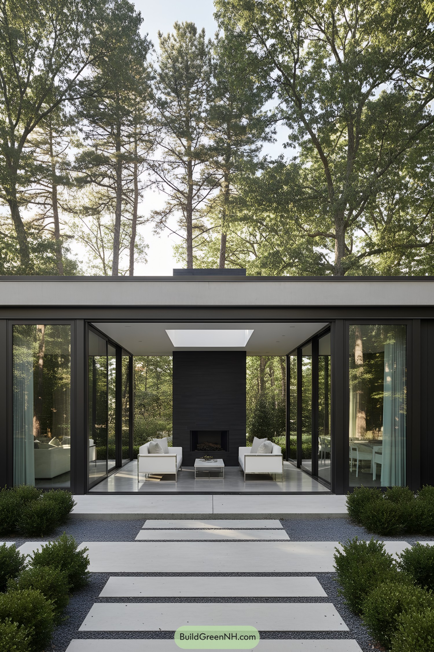 Modern courtyard with glass pergola and fireplace