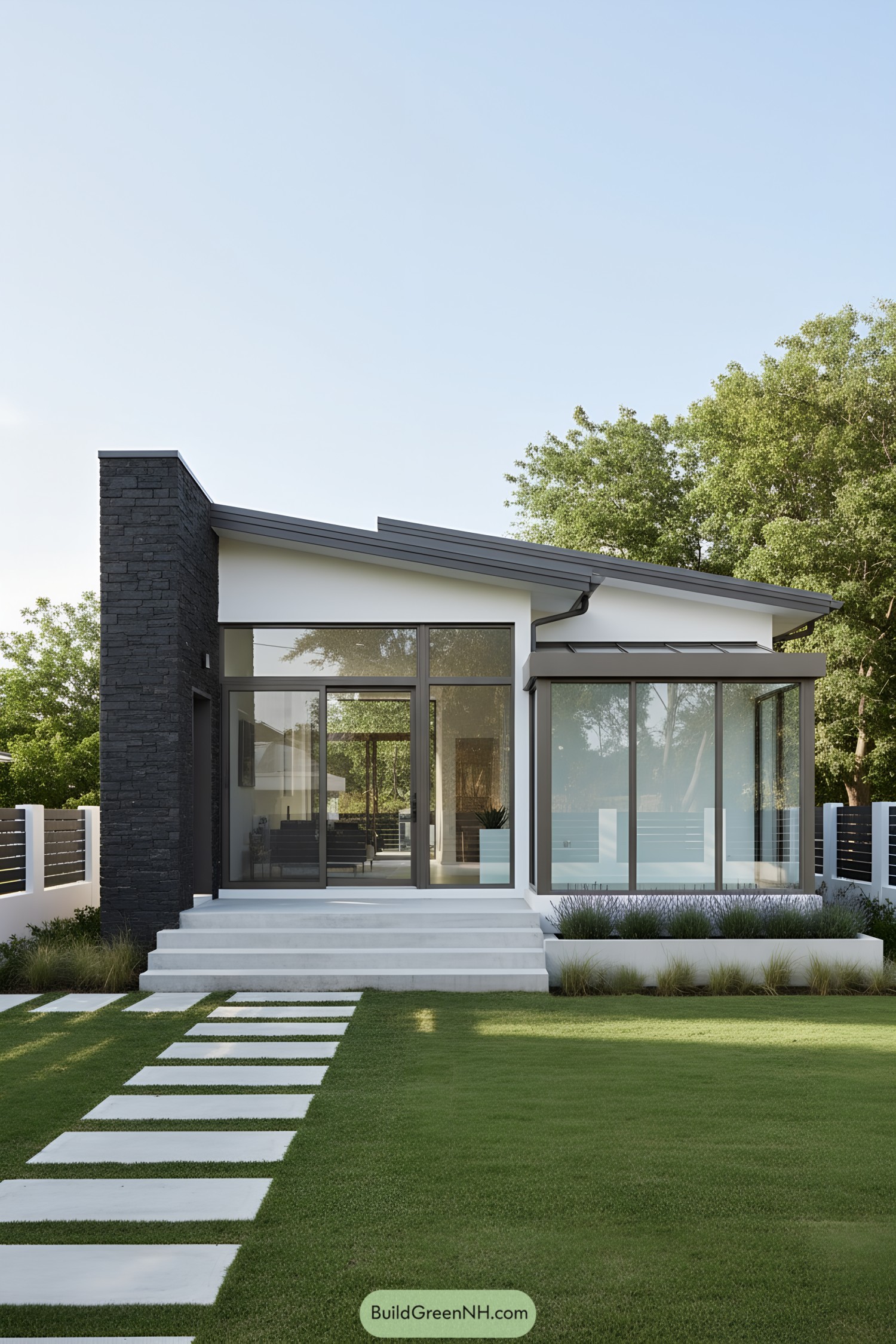 Minimalist bungalow with angled shed roof, glass facade, and stone chimney