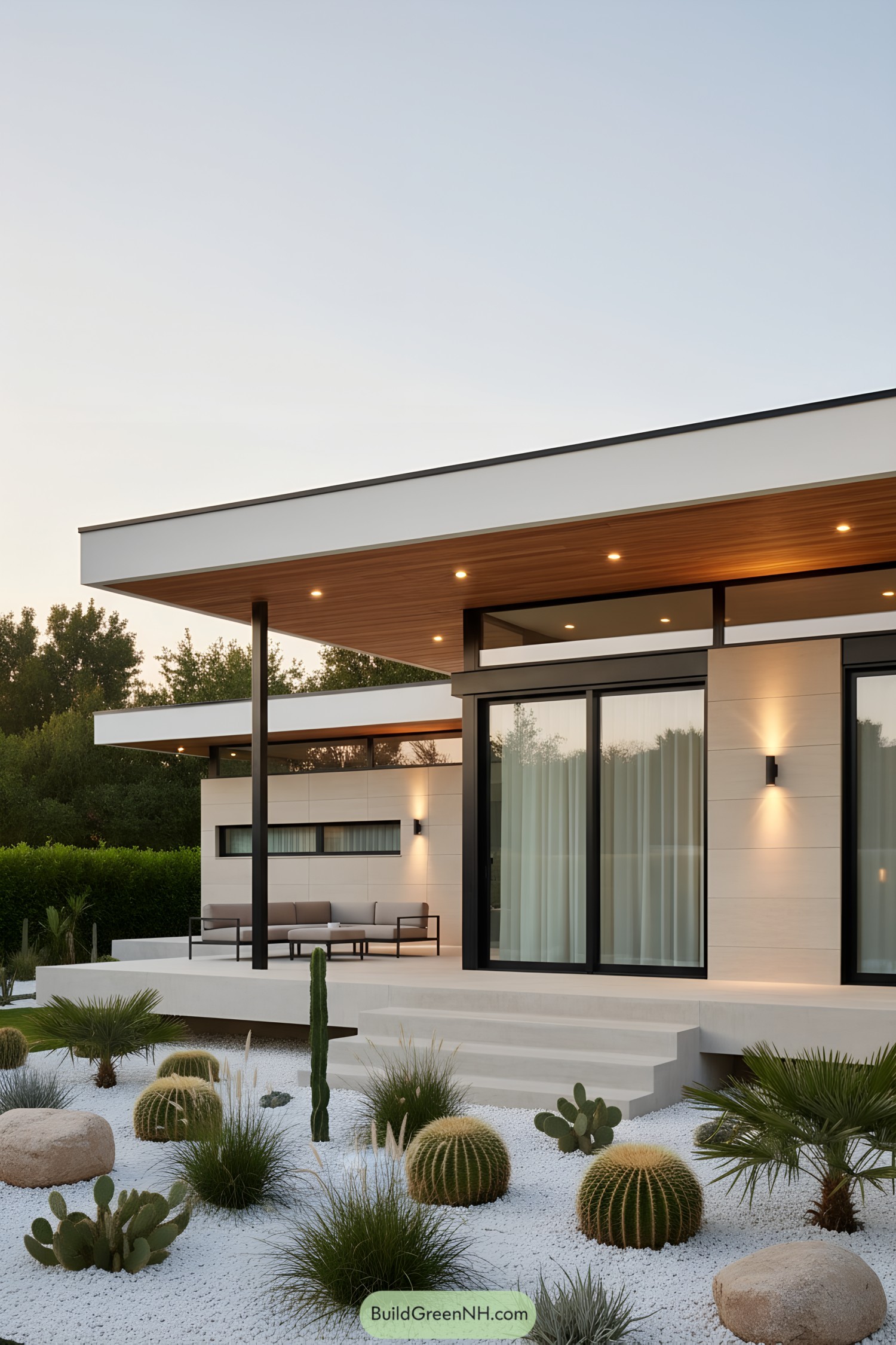 Minimalist bungalow with wide overhangs, sliding glass, and desert xeriscape