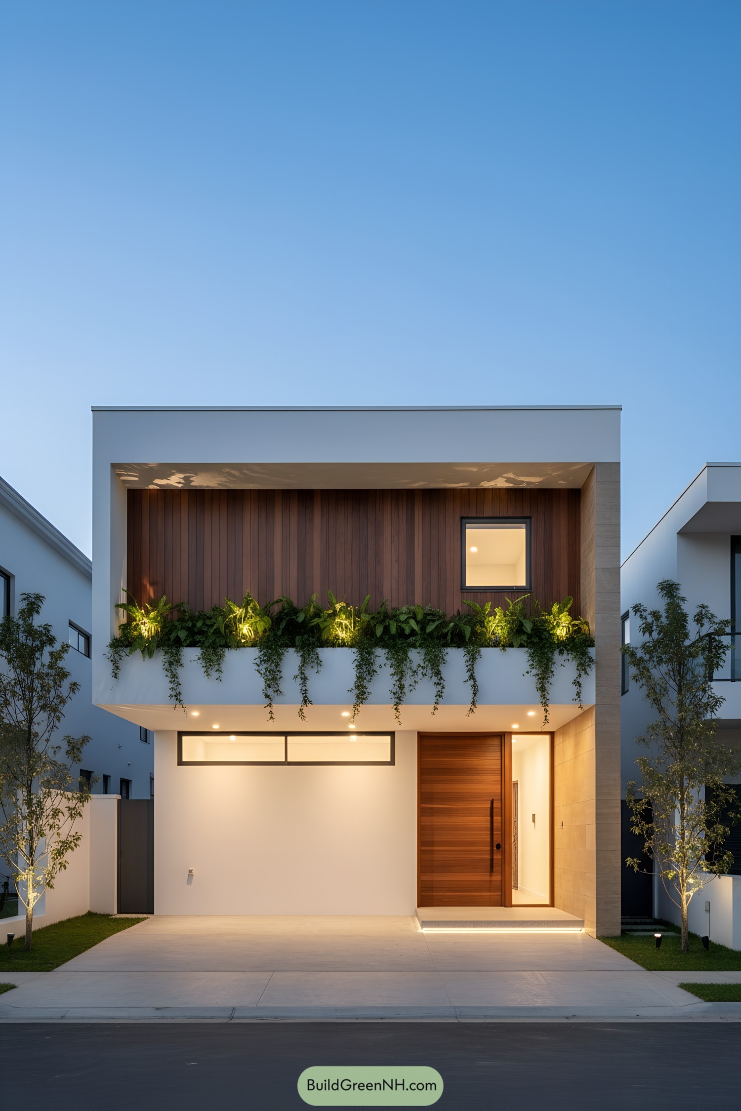 Minimalist two-story bungalow with wood cladding, white stucco, and a planted balcony
