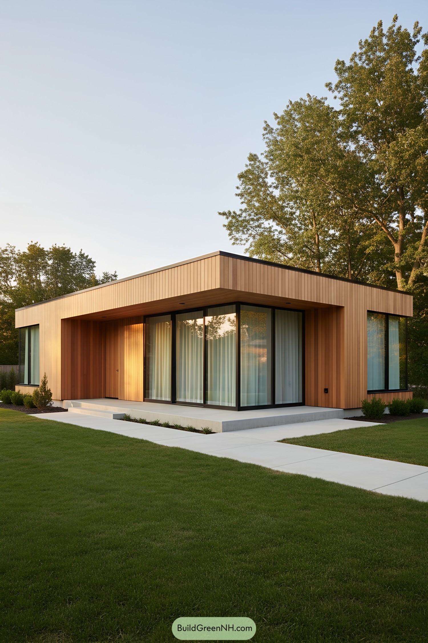 Single-story cedar bungalow with large windows