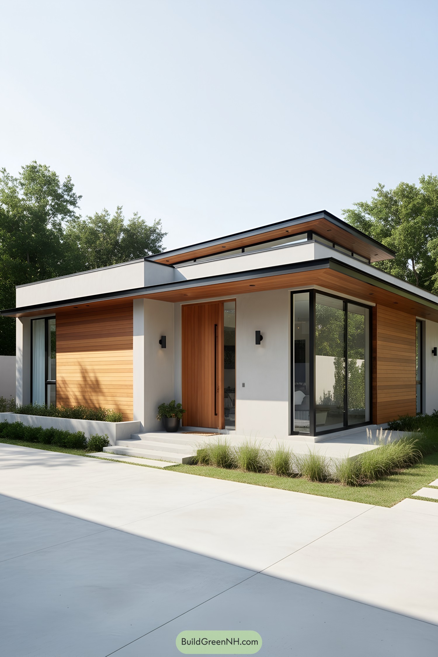 Single-story modern bungalow with cedar cladding, broad overhangs, and ribbon skylight above the entry