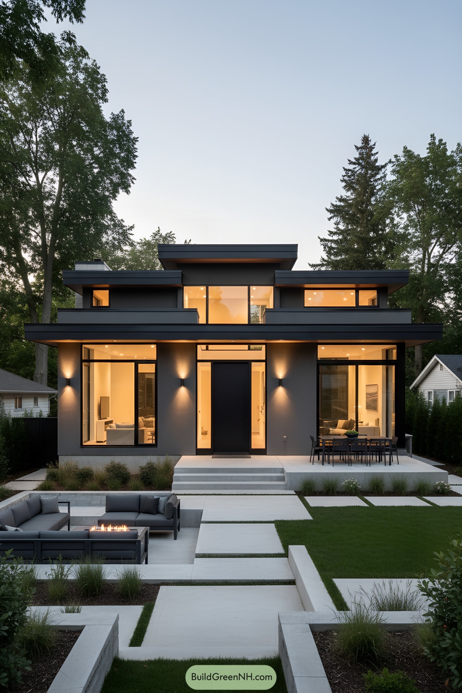 Modern gray bungalow with layered flat roofs, tall windows, and stepped concrete courtyard