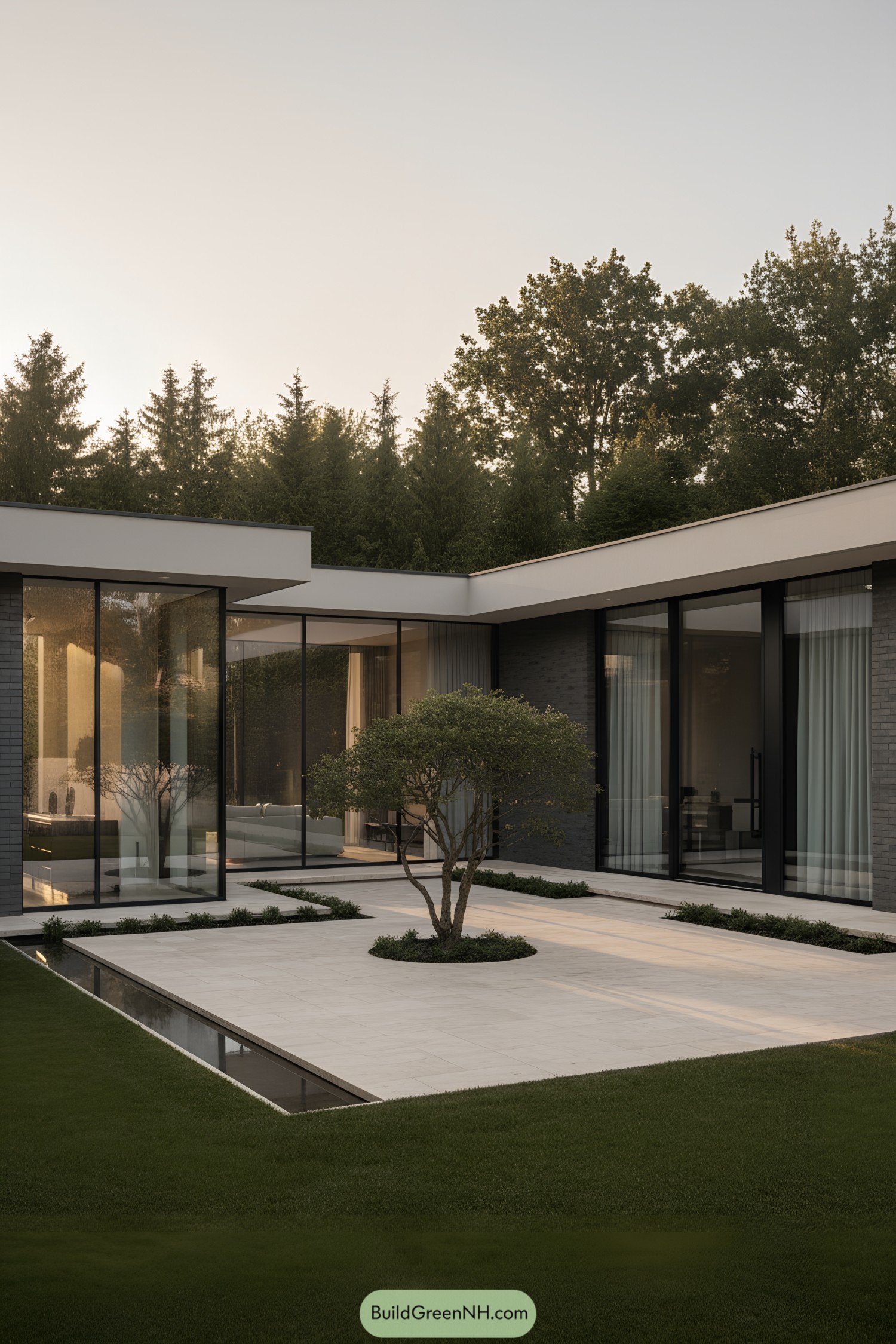 Minimalist courtyard bungalow with glass walls and a central tree