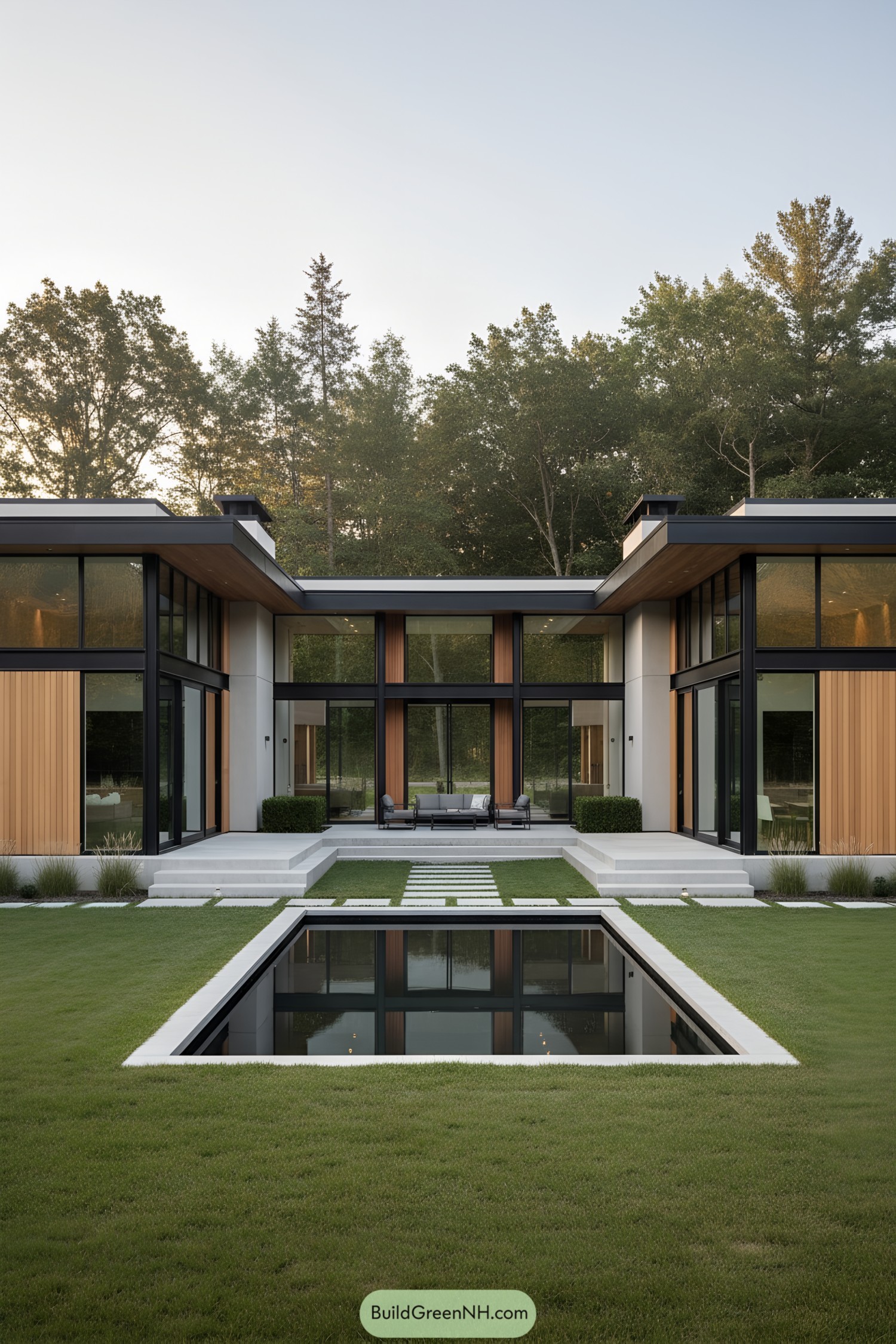 Minimalist bungalow with cedar cladding, black steel frames, and a central reflecting pool