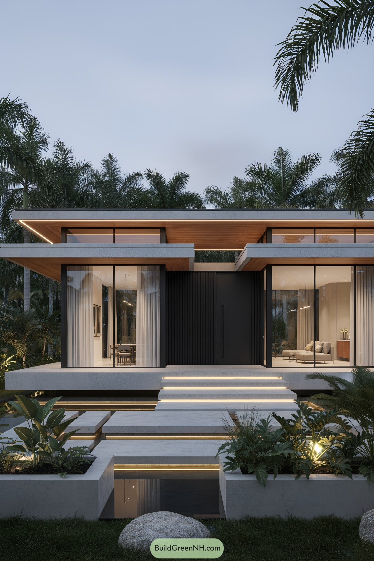 Minimalist bungalow with floating rooflines and glass