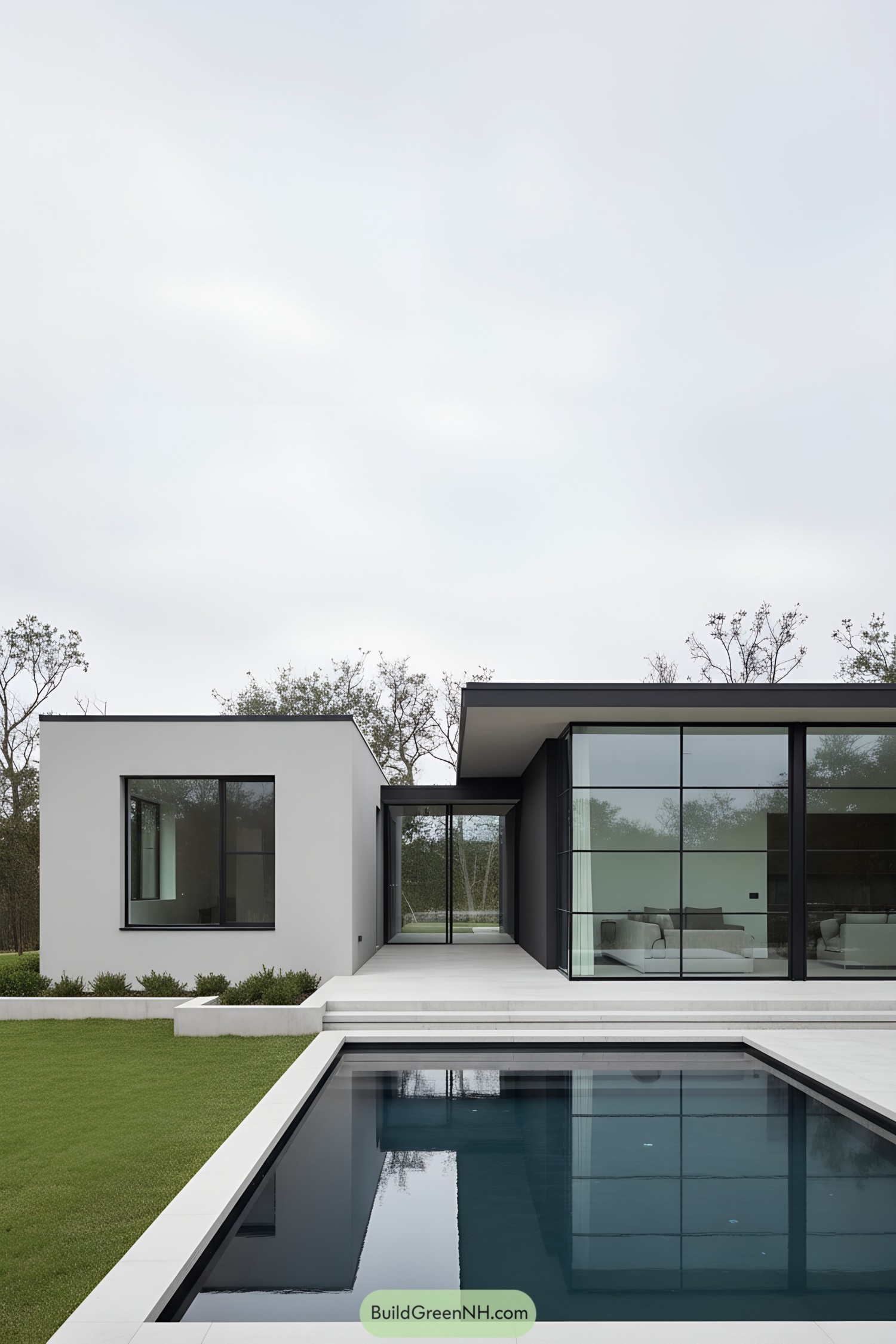 Minimalist bungalow with glass walls and pool