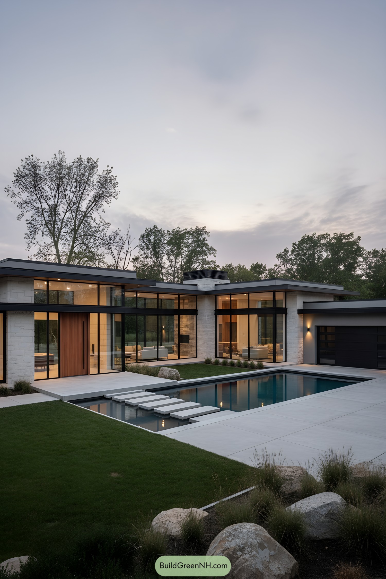 Minimalist bungalow with glass walls, flat roofs, and a stepping-stone pool court
