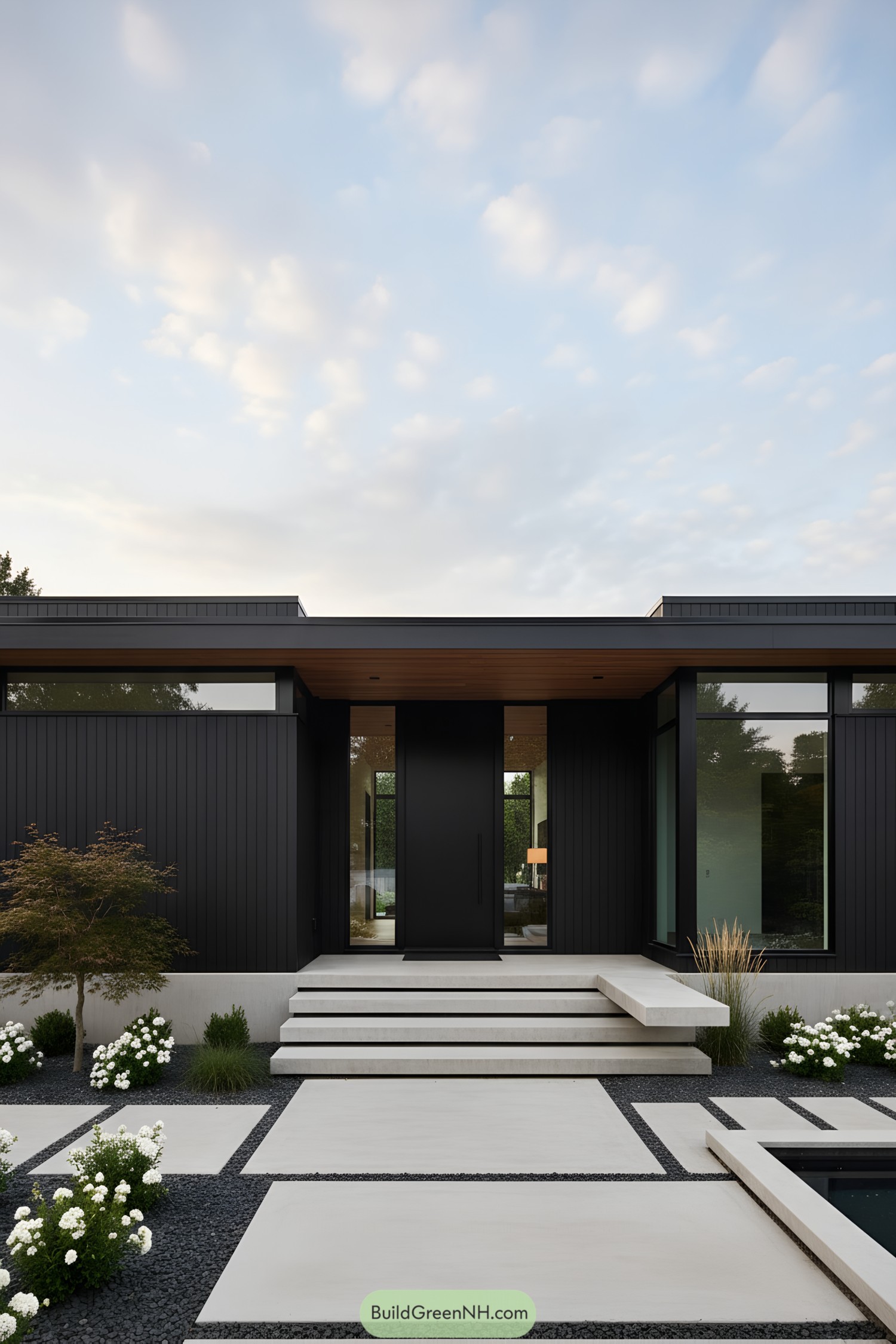 Minimalist black bungalow with tiered concrete steps and gravel garden