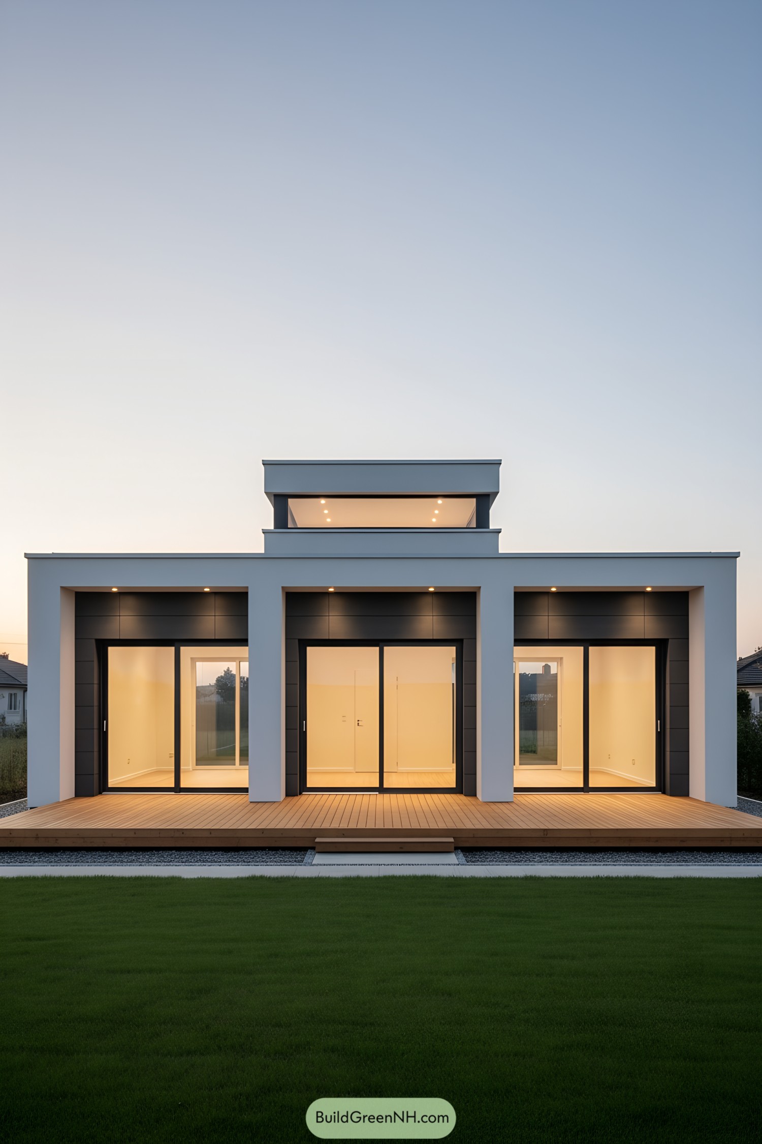 Minimalist white bungalow with clerestory and deck