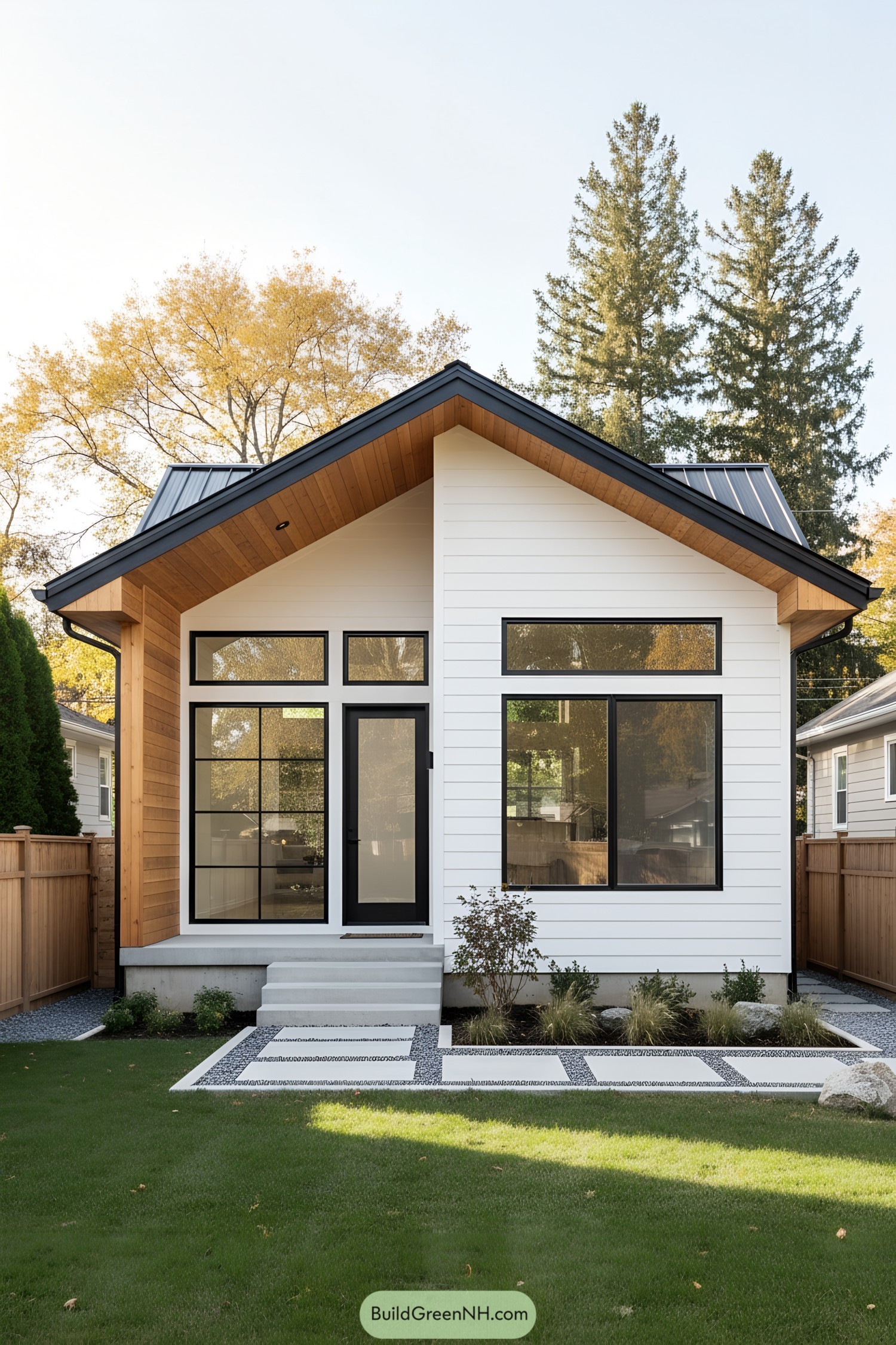 Modern white bungalow with black windows and a gabled roof