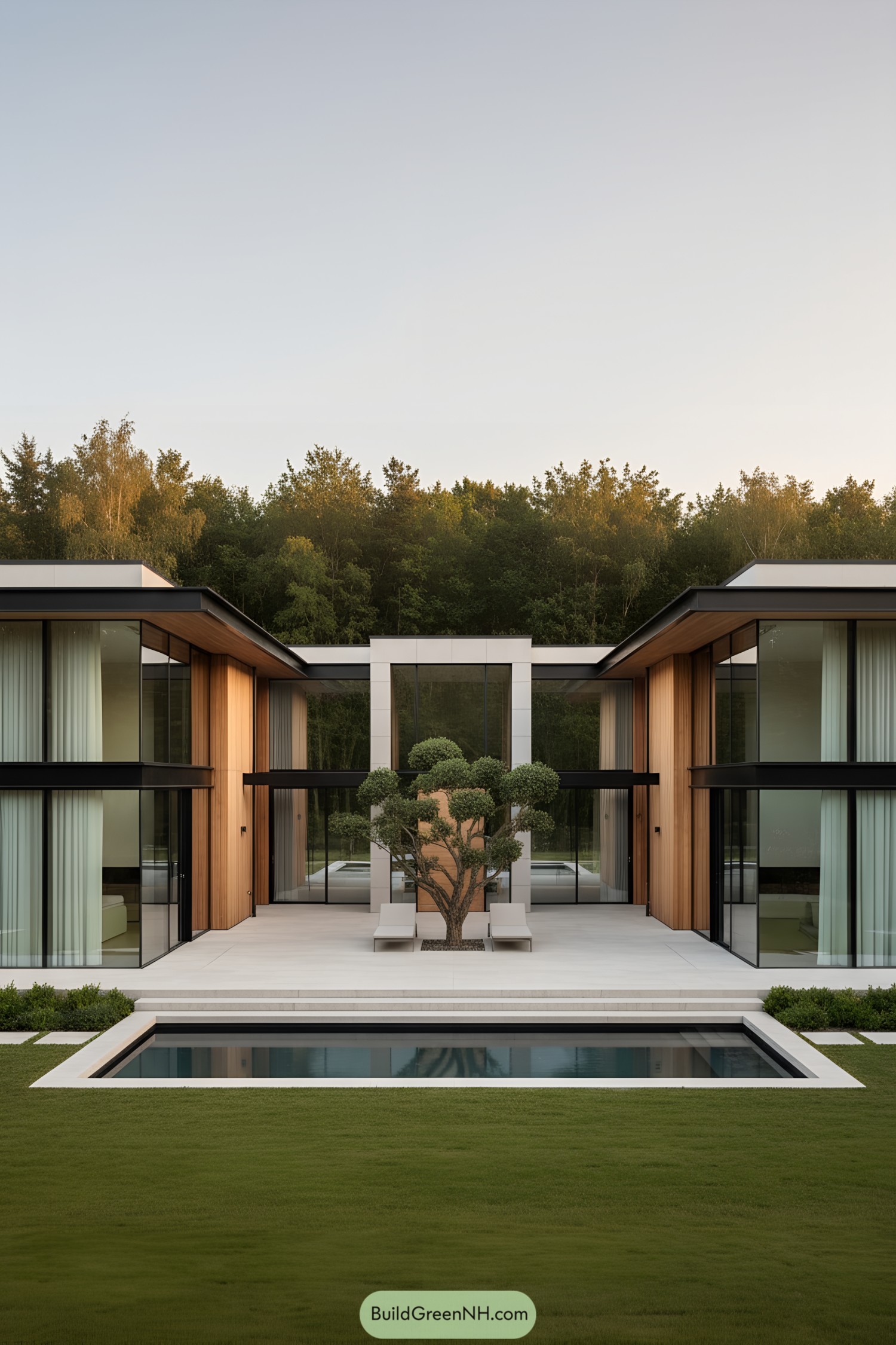 Minimalist courtyard bungalow with pool and bonsai