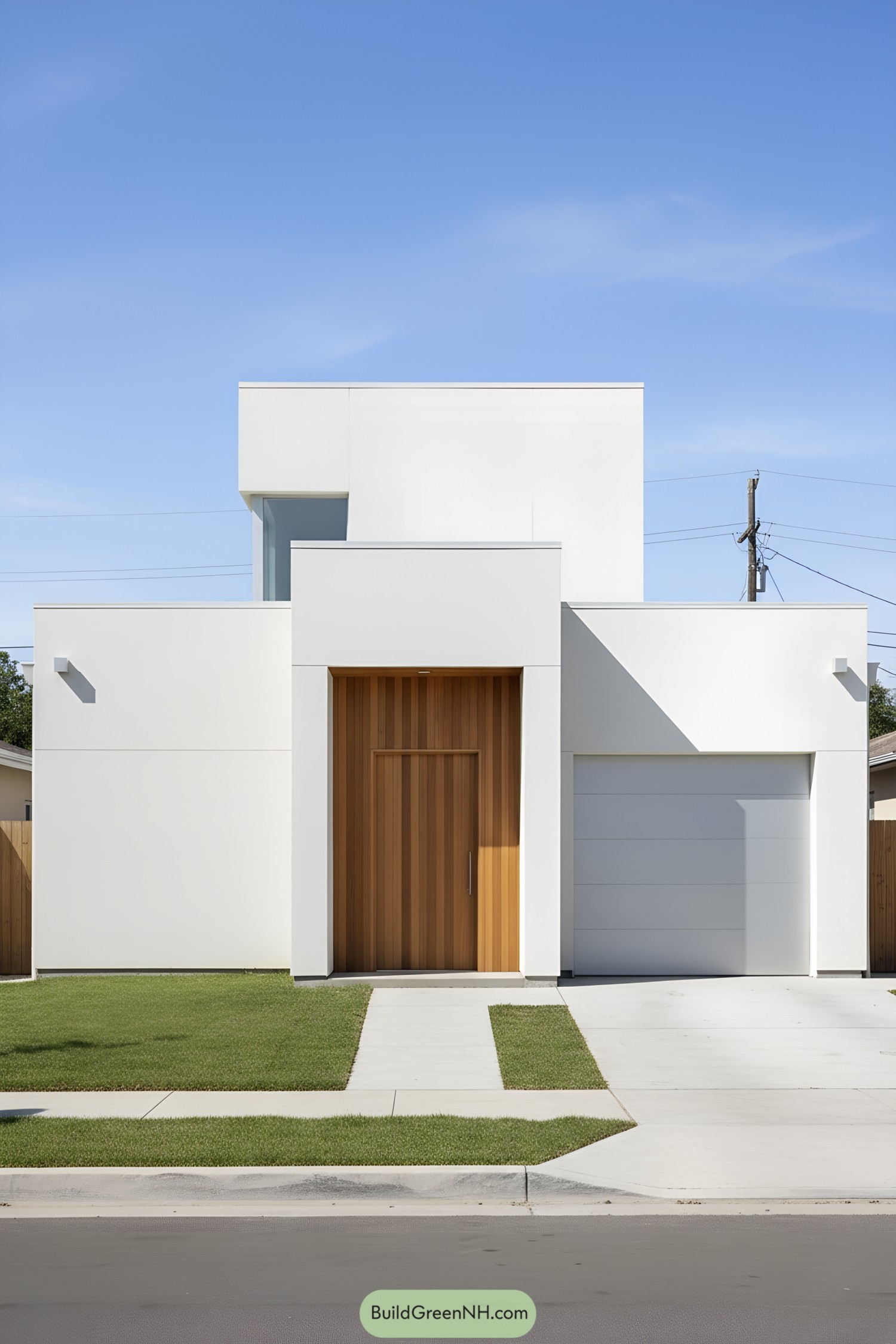 Minimalist white bungalow with cedar portal