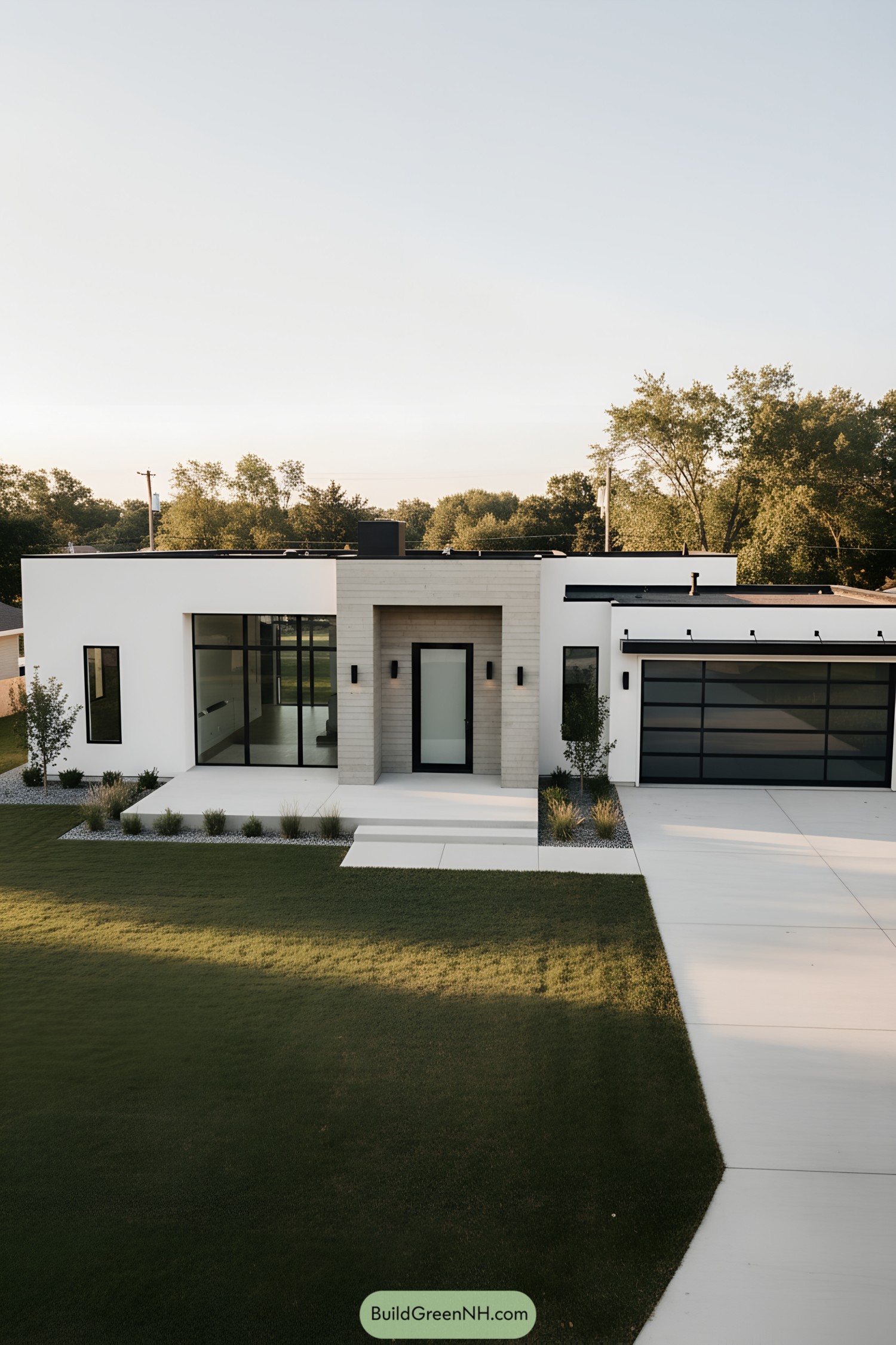 Minimalist white bungalow with glass and wood accents